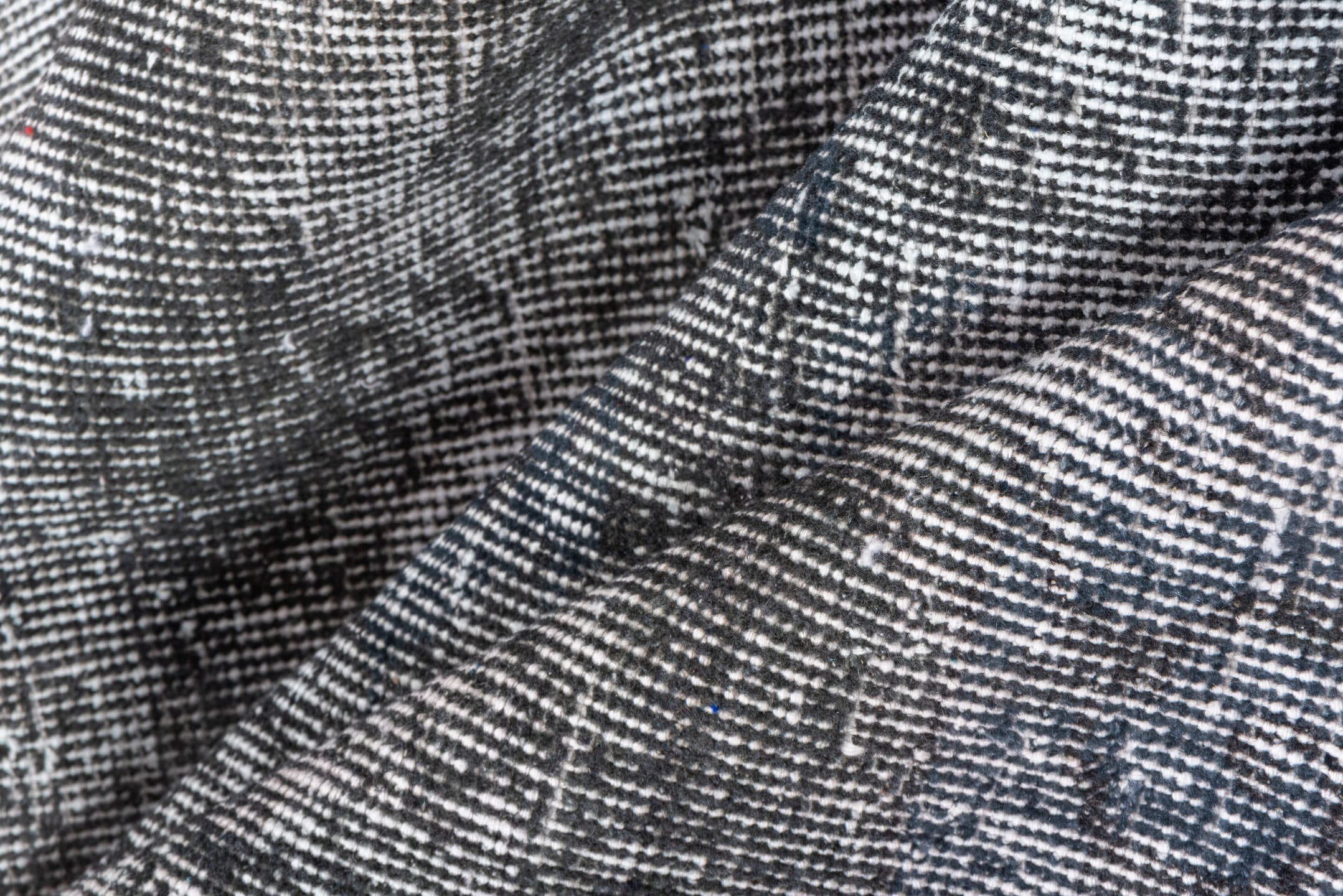 2' x 10' one-of-a-kind handmade vintage Overdyed runner rug. Color palette: gray, charcoal, ivory, taupe, black, beige