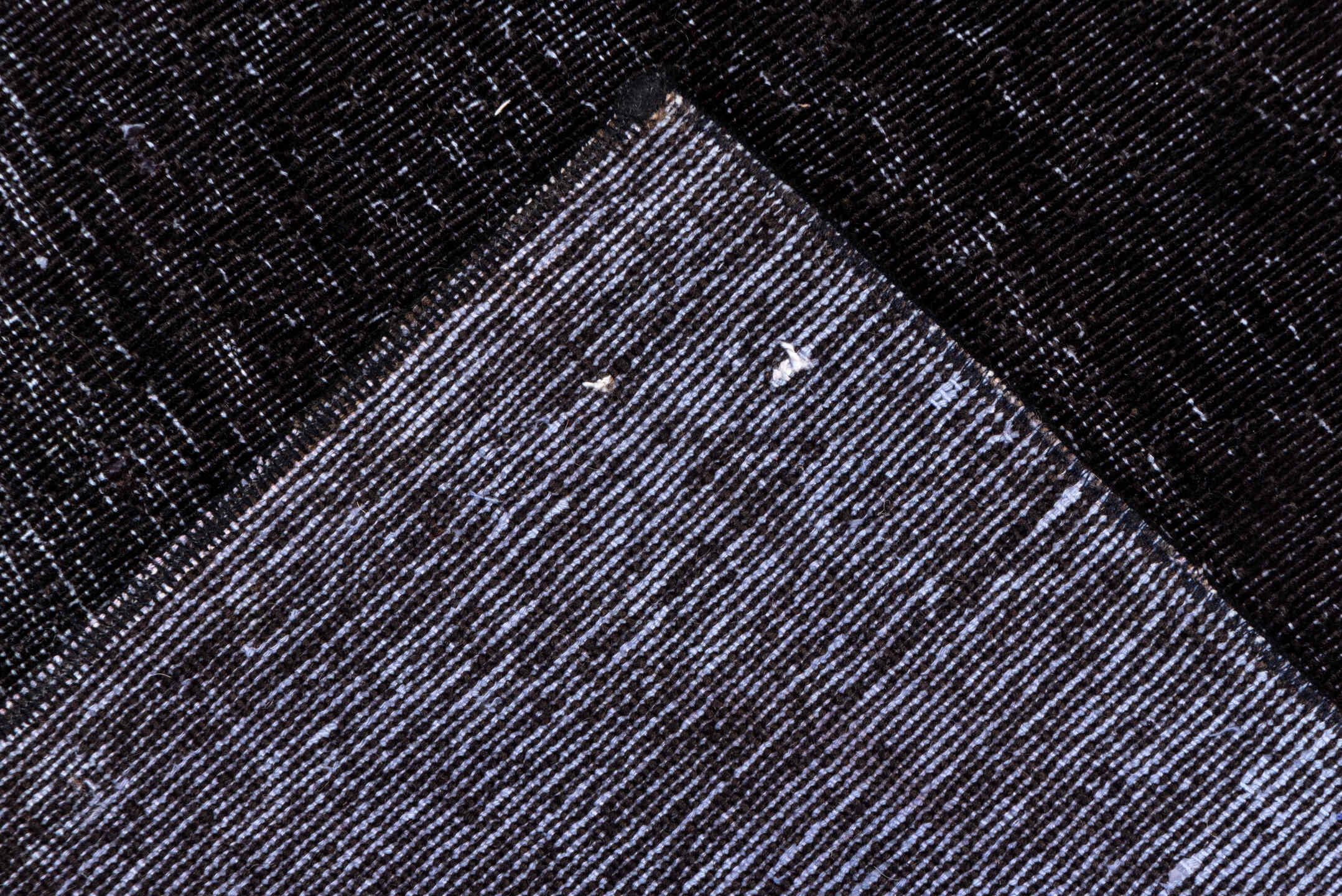 3' x 9' one-of-a-kind handmade vintage Overdyed runner rug. Color palette: black, charcoal, gray, off-white, snow, white