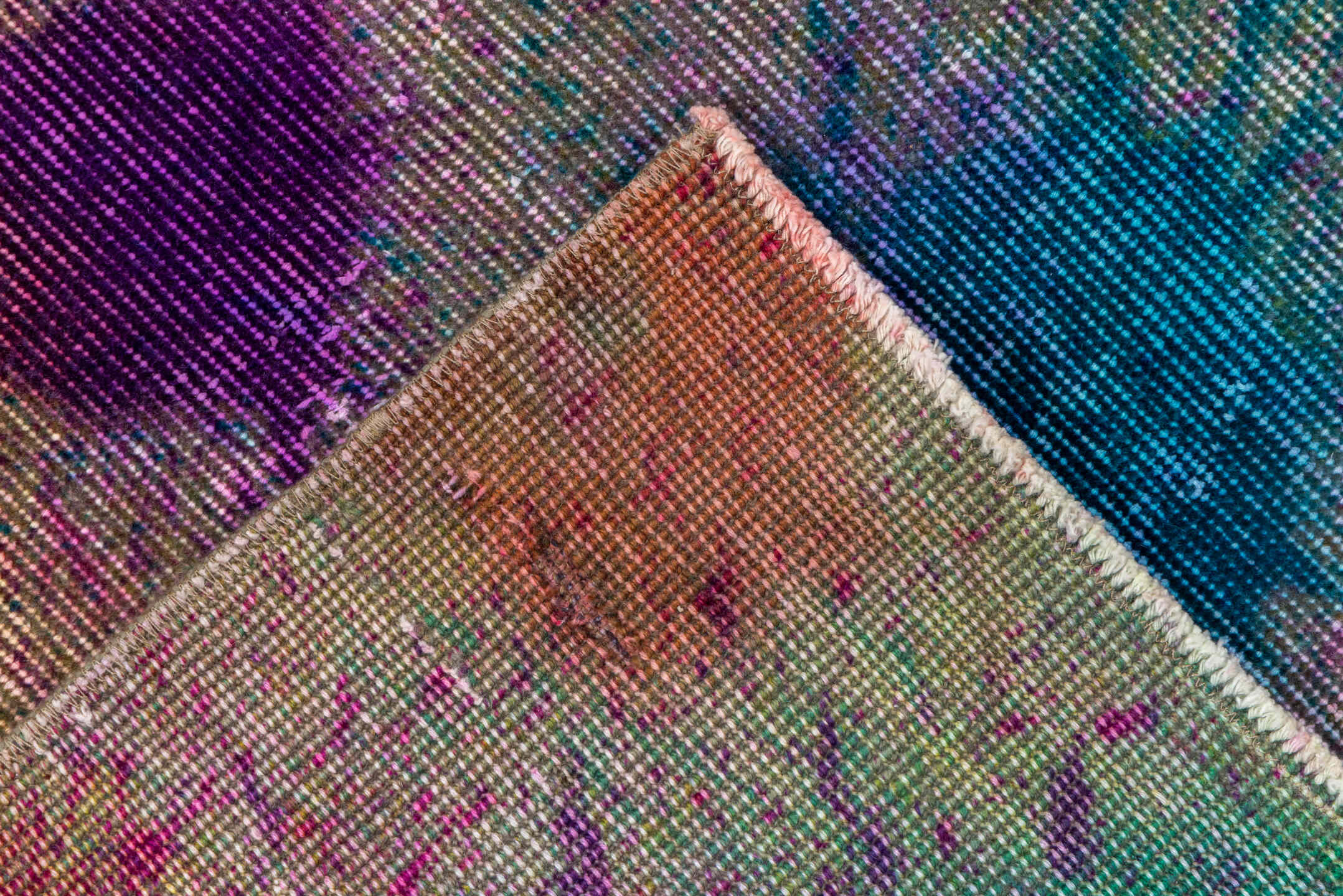 3' x 10' one-of-a-kind handmade vintage Overdyed runner rug. Color palette: ivory, violet, magenta, turquoise, gold