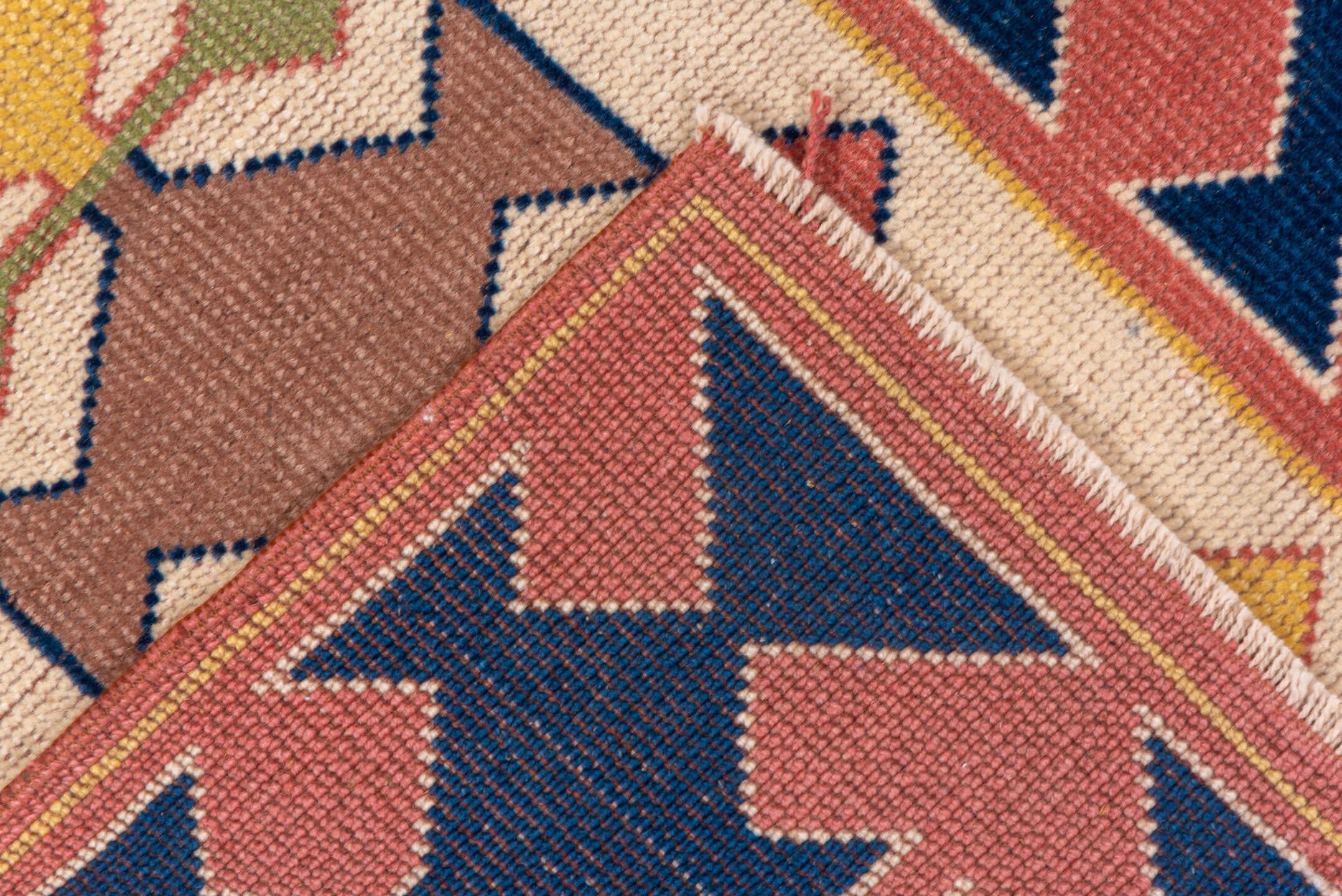 2' x 9' one-of-a-kind handmade vintage Oushak runner rug. Color palette: ivory, navy, rose, sage, gold, taupe, blue, pink