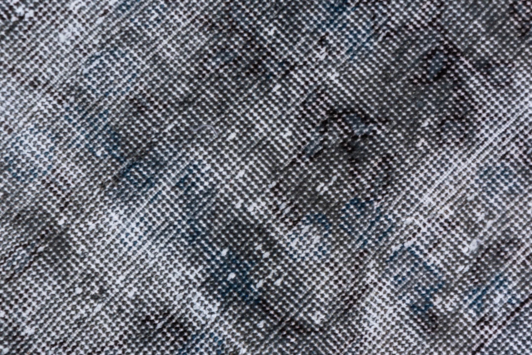 2' x 10' one-of-a-kind handmade vintage Overdyed runner rug. Color palette: gray, slate, charcoal, ivory, steel_blue, black
