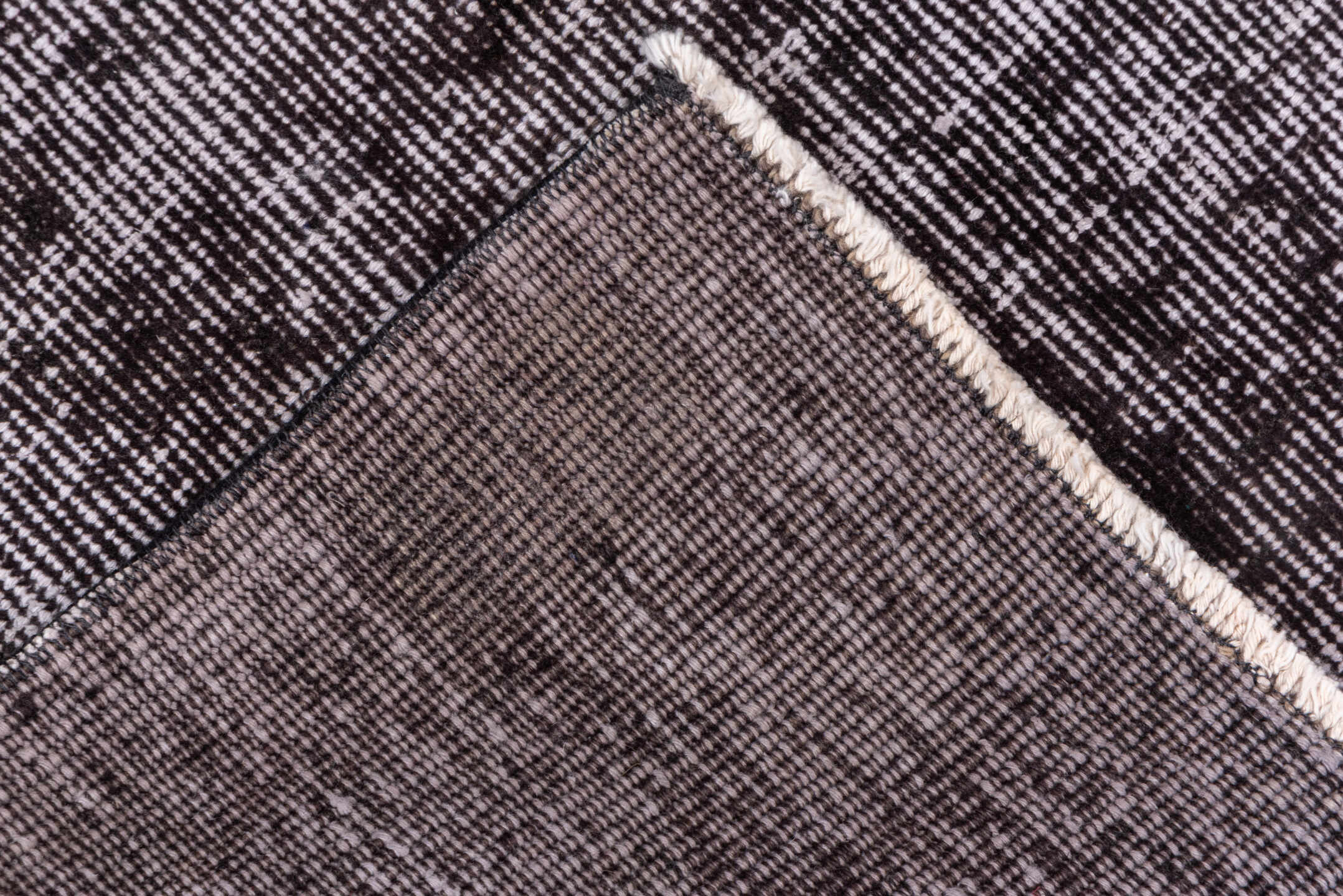 3' x 9' one-of-a-kind handmade vintage Overdyed runner rug. Color palette: gray, light gray, off-white, pink, silver