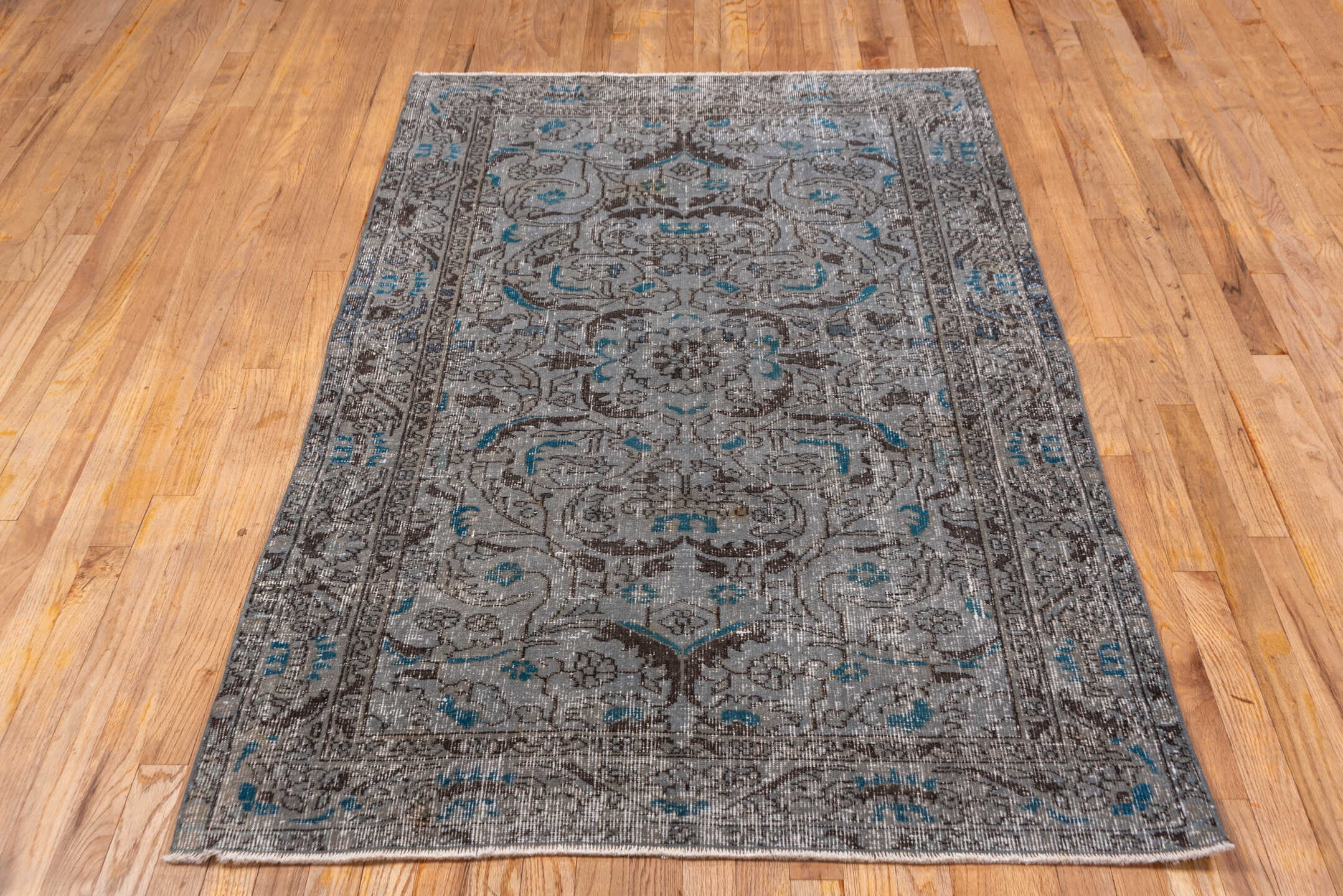 3' x 6' one-of-a-kind handmade vintage Overdyed small size rug. Color palette: taupe, brown, ivory, blue, charcoal, beige