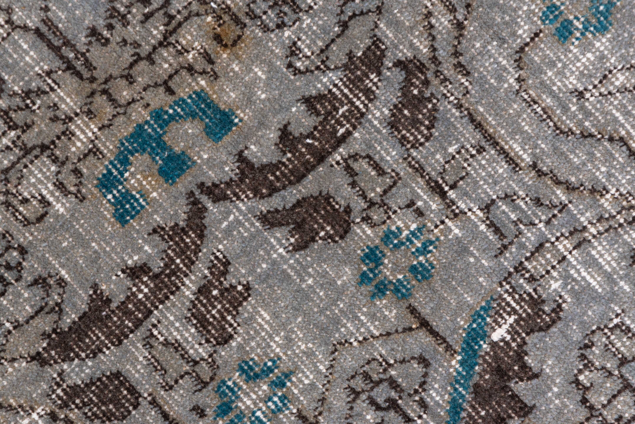 3' x 6' one-of-a-kind handmade vintage Overdyed small size rug. Color palette: blue, brown, gray, light gray, off-white