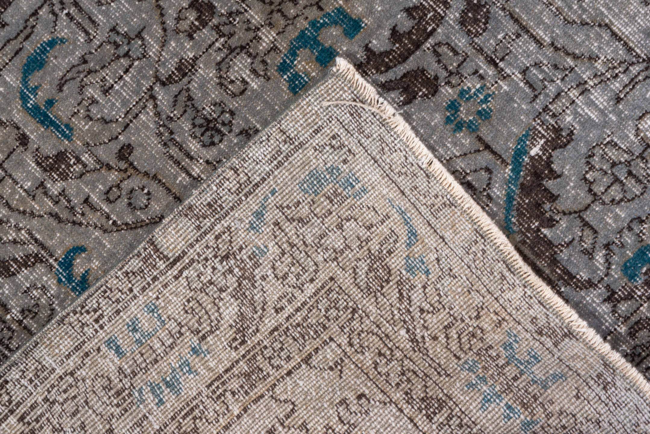 3' x 6' one-of-a-kind handmade vintage Overdyed small size rug. Color palette: taupe, brown, ivory, blue, charcoal, beige