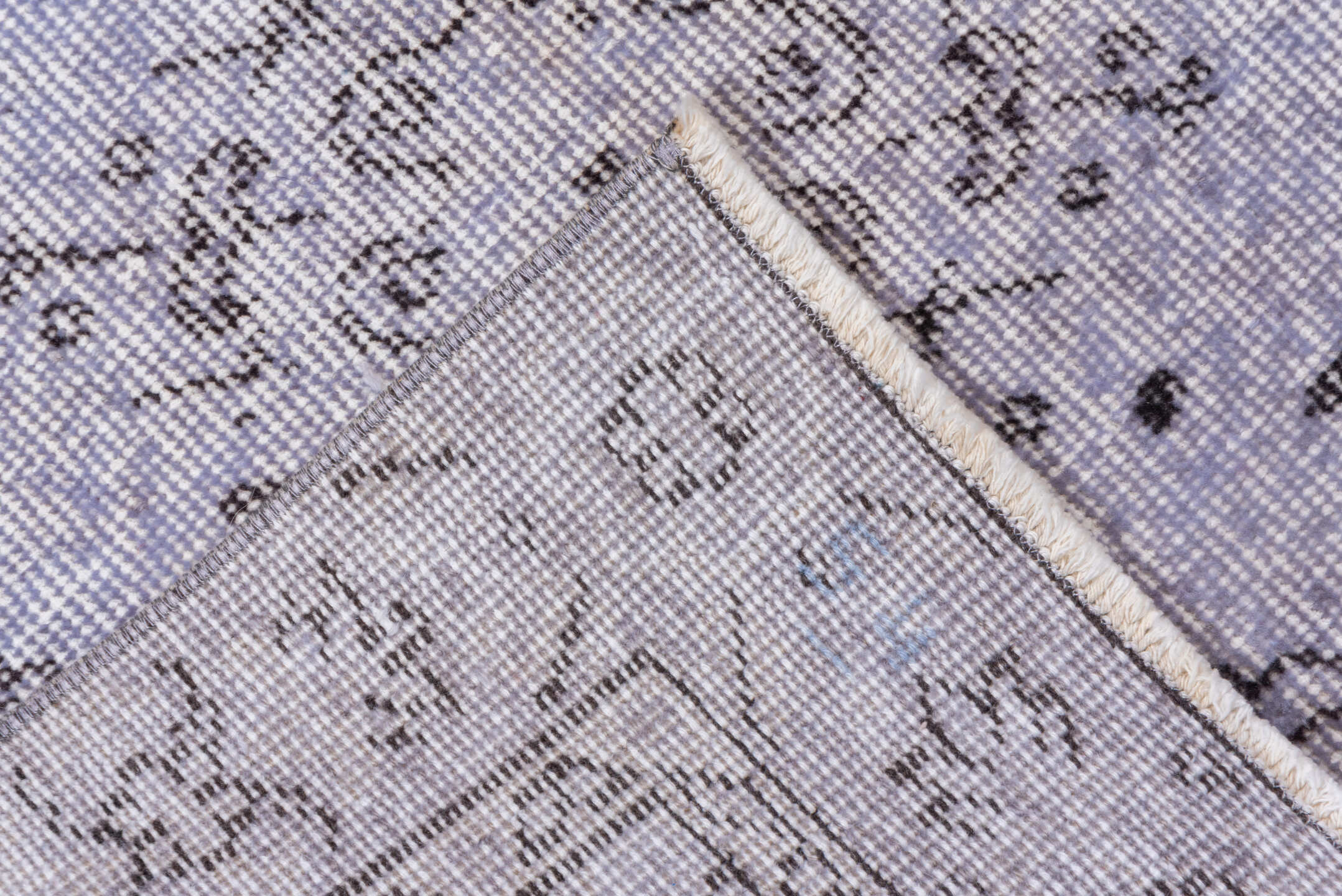 3' x 6' one-of-a-kind handmade vintage Overdyed runner rug. Color palette: lavender, ivory, taupe, dusty rose, light gray