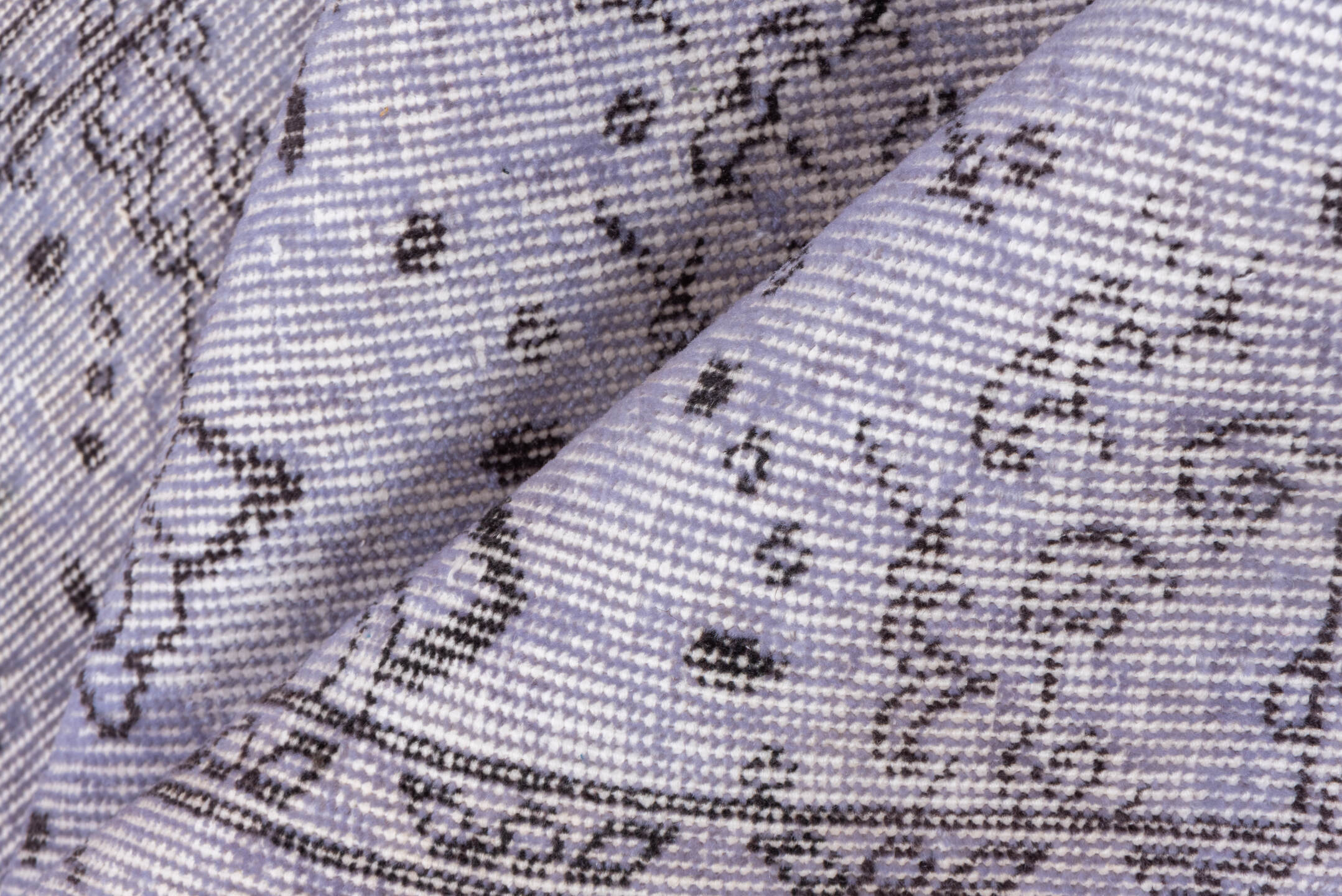 3' x 6' one-of-a-kind handmade vintage Overdyed runner rug. Color palette: gainsboro, gray, lavender blush, light gray