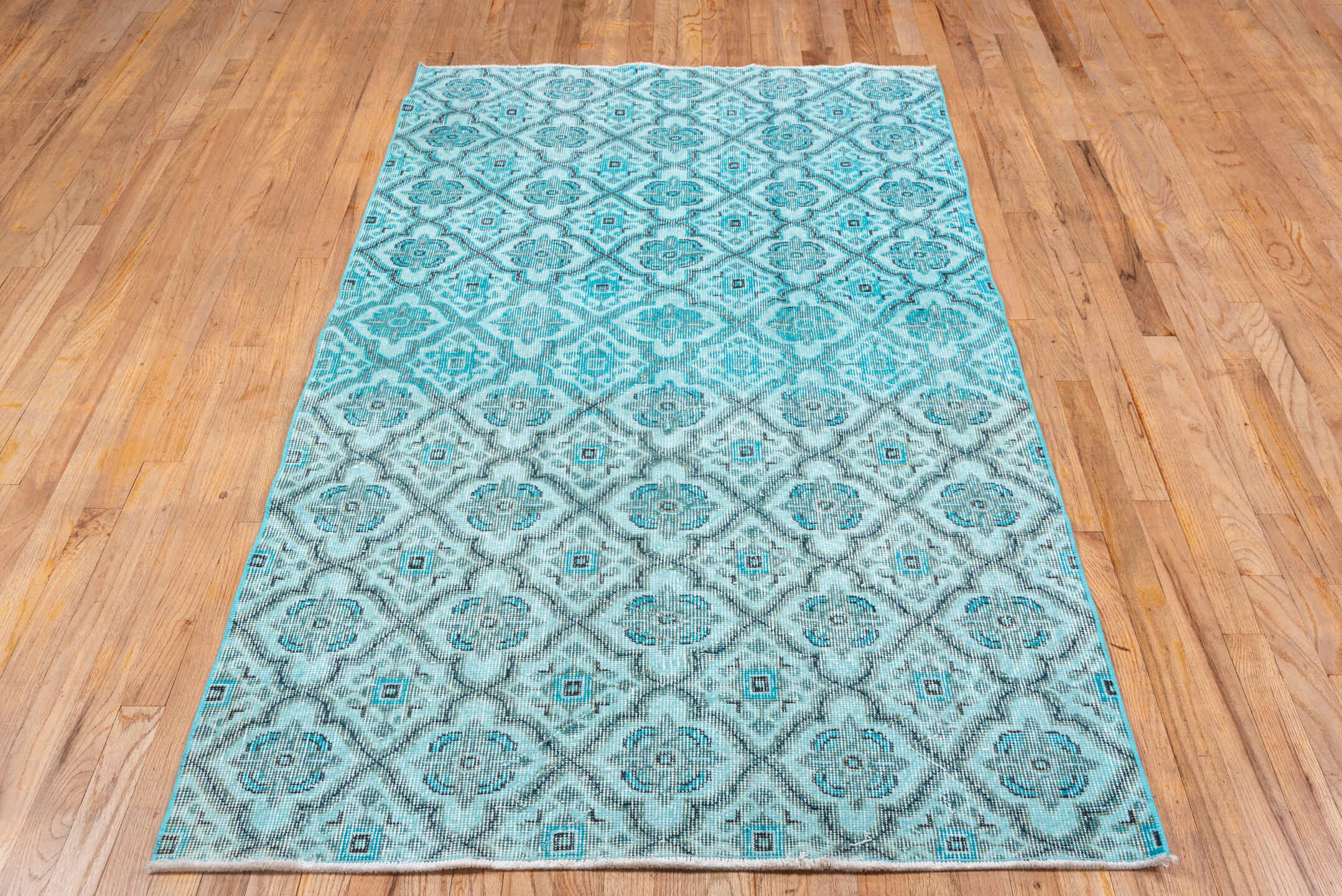 3' x 7' one-of-a-kind handmade vintage Overdyed rug. Color palette: aqua, ivory, teal, silver, charcoal, gray, black