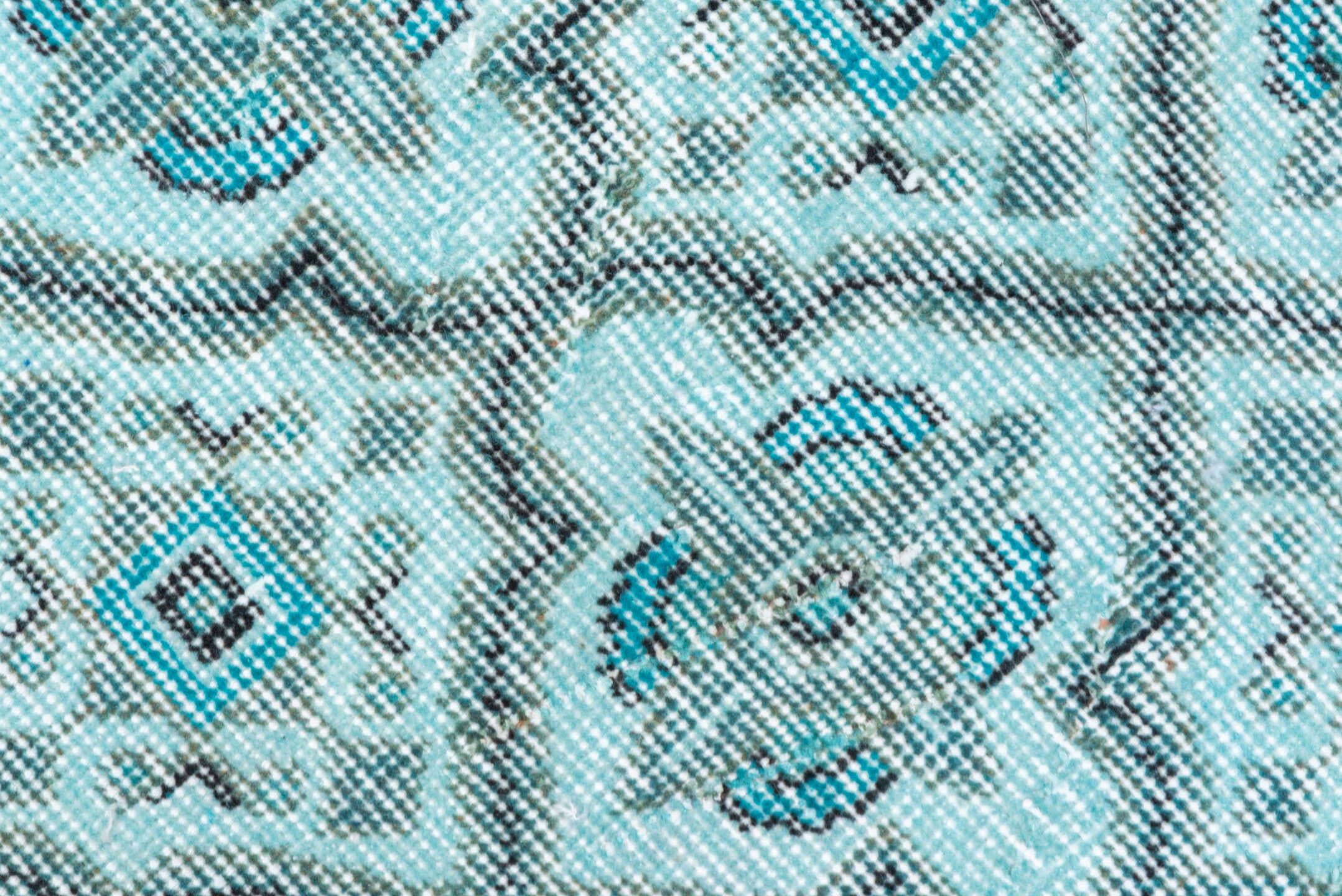 3' x 7' one-of-a-kind handmade vintage Overdyed rug. Color palette: aqua, ivory, teal, silver, charcoal, gray, black