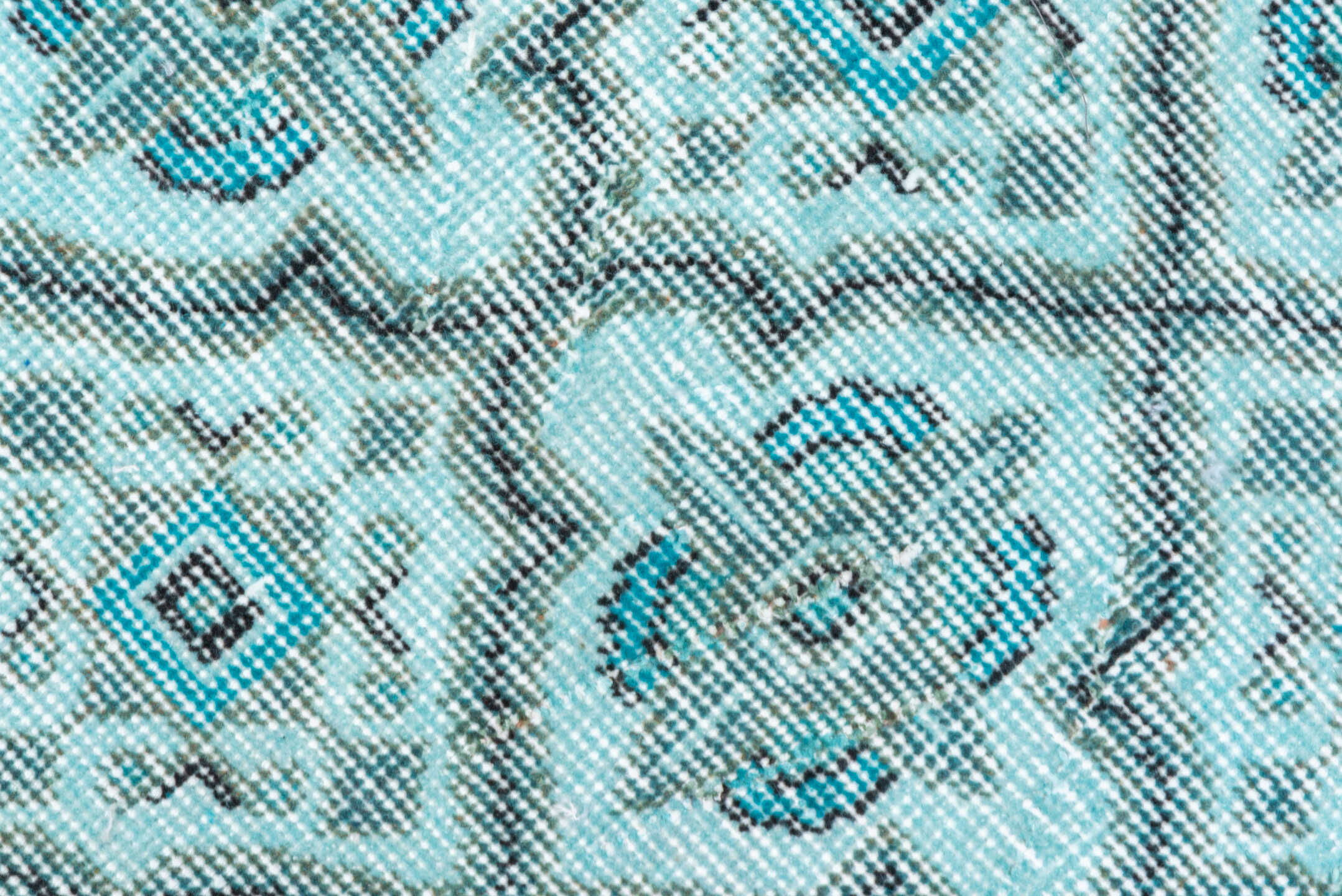 3' x 7' one-of-a-kind handmade vintage Overdyed rug. Color palette: aqua, ivory, teal, silver, charcoal, gray, black