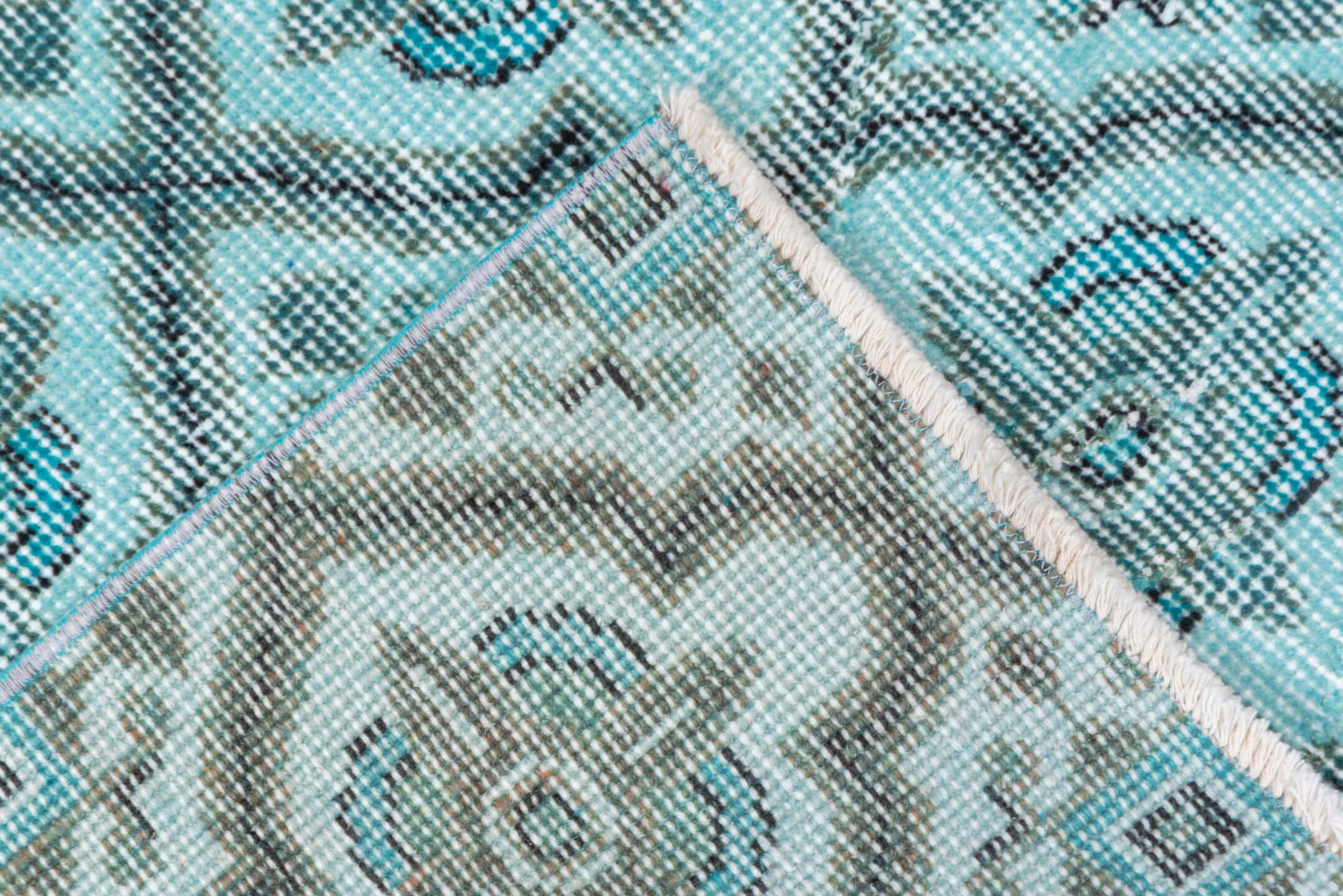 3' x 7' one-of-a-kind handmade vintage Overdyed rug. Color palette: aqua, ivory, teal, silver, charcoal, gray, black
