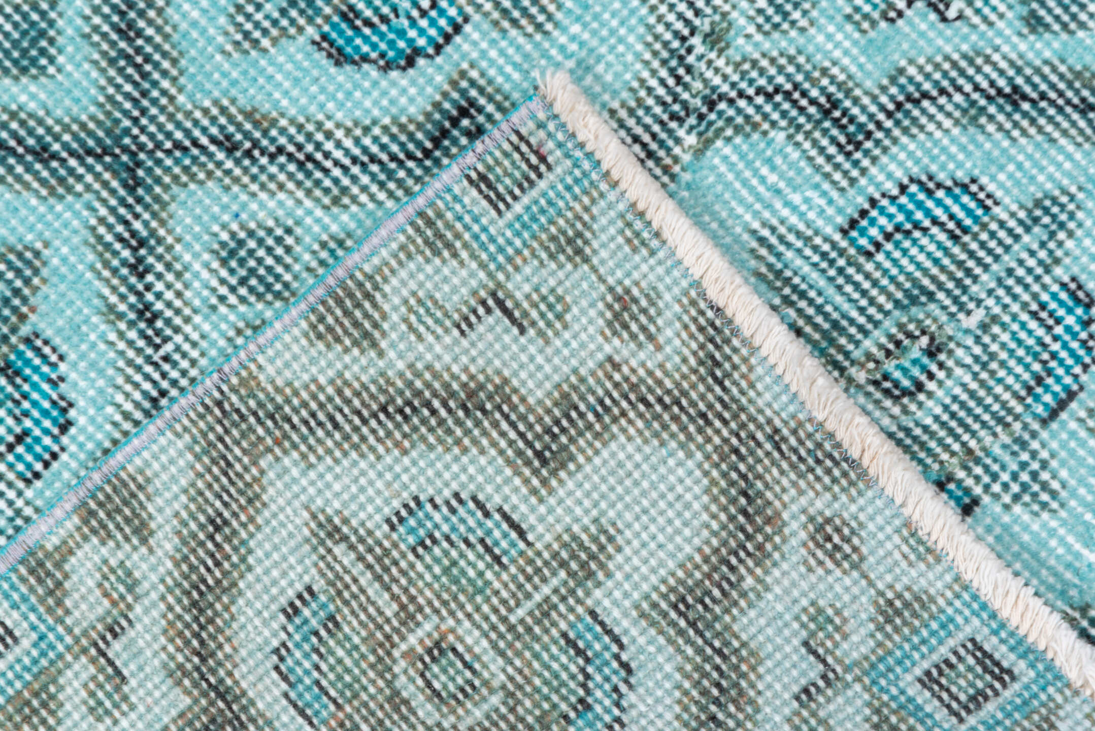 3' x 7' one-of-a-kind handmade vintage Overdyed rug. Color palette: aqua, ivory, teal, silver, charcoal, gray, black