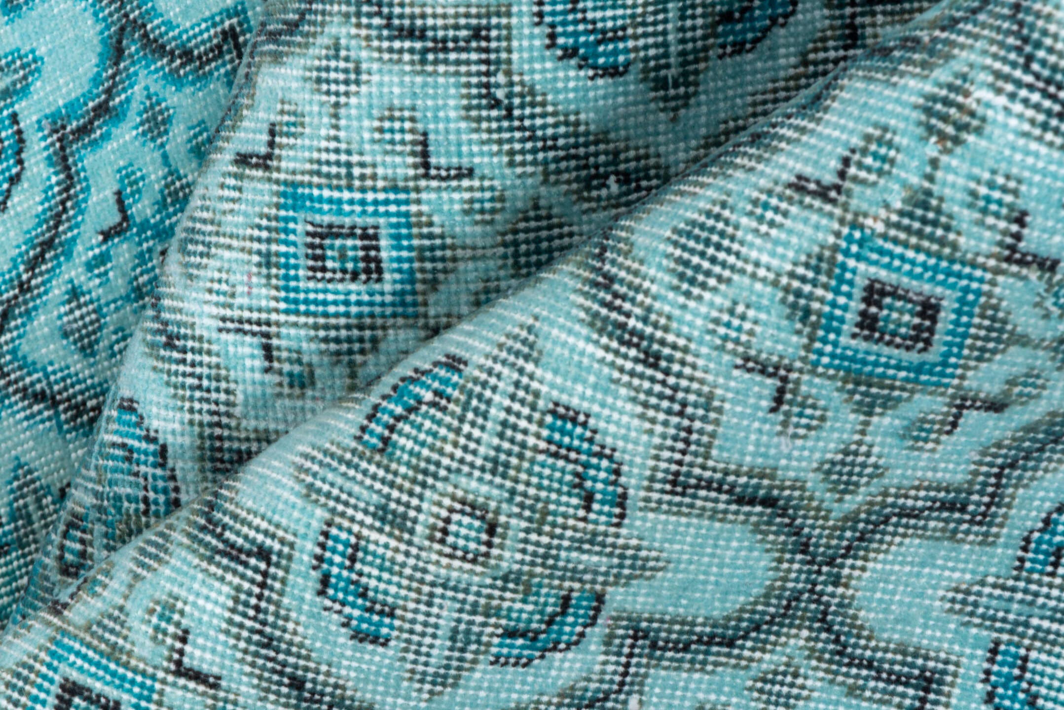 3' x 7' one-of-a-kind handmade vintage Overdyed rug. Color palette: aqua, ivory, teal, silver, charcoal, gray, black