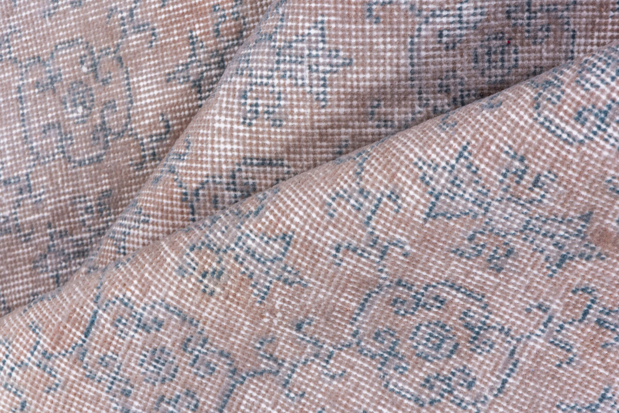 3' x 6' one-of-a-kind handmade vintage Overdyed small size rug. Color palette: blush, ivory, gray, taupe, pink, beige