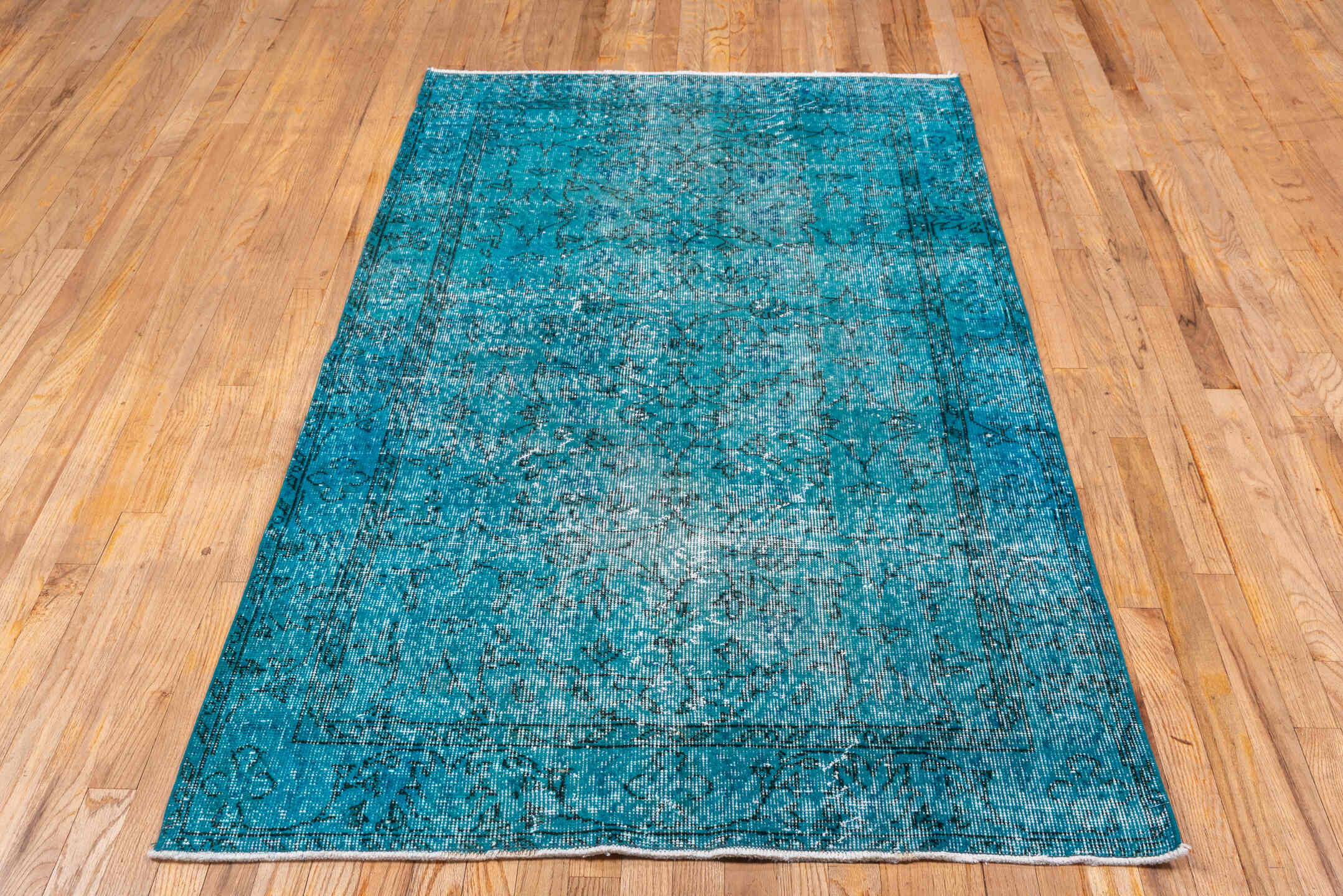 3' x 6' one-of-a-kind handmade vintage Overdyed small size rug. Color palette: turquoise, teal, aqua, ivory, charcoal, gray