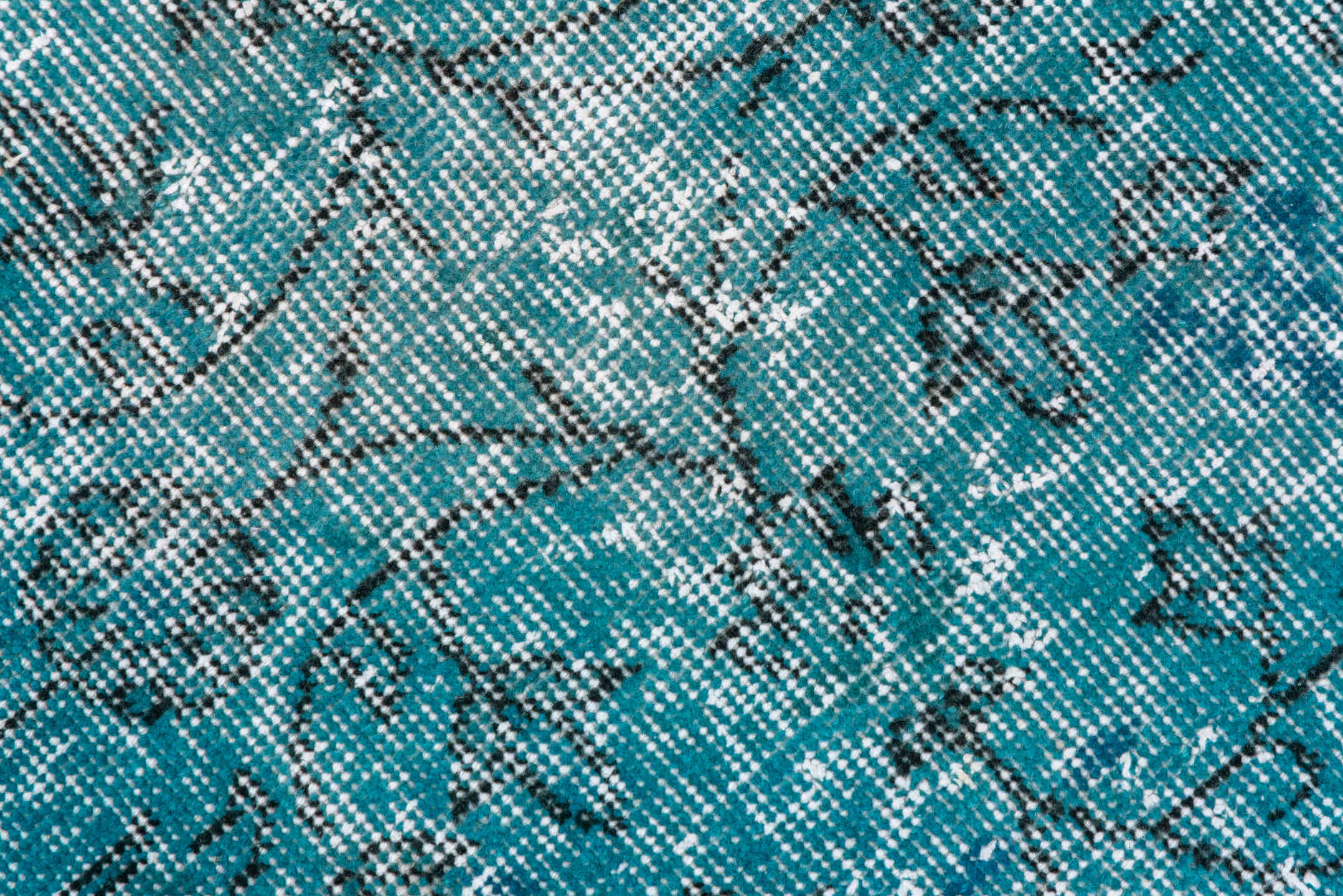 3' x 6' one-of-a-kind handmade vintage Overdyed small size rug. Color palette: turquoise, teal, aqua, ivory, charcoal, gray