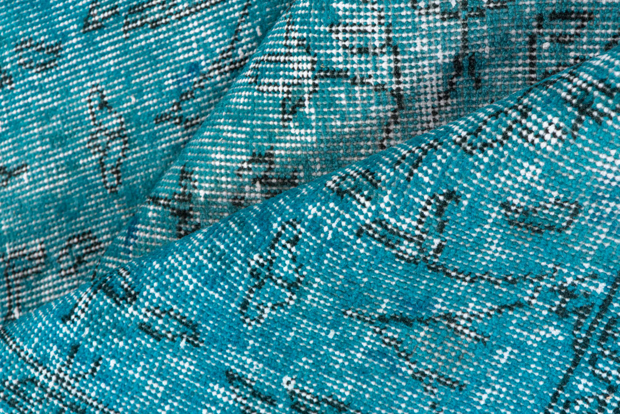 3' x 6' one-of-a-kind handmade vintage Overdyed small size rug. Color palette: turquoise, teal, aqua, ivory, charcoal, gray