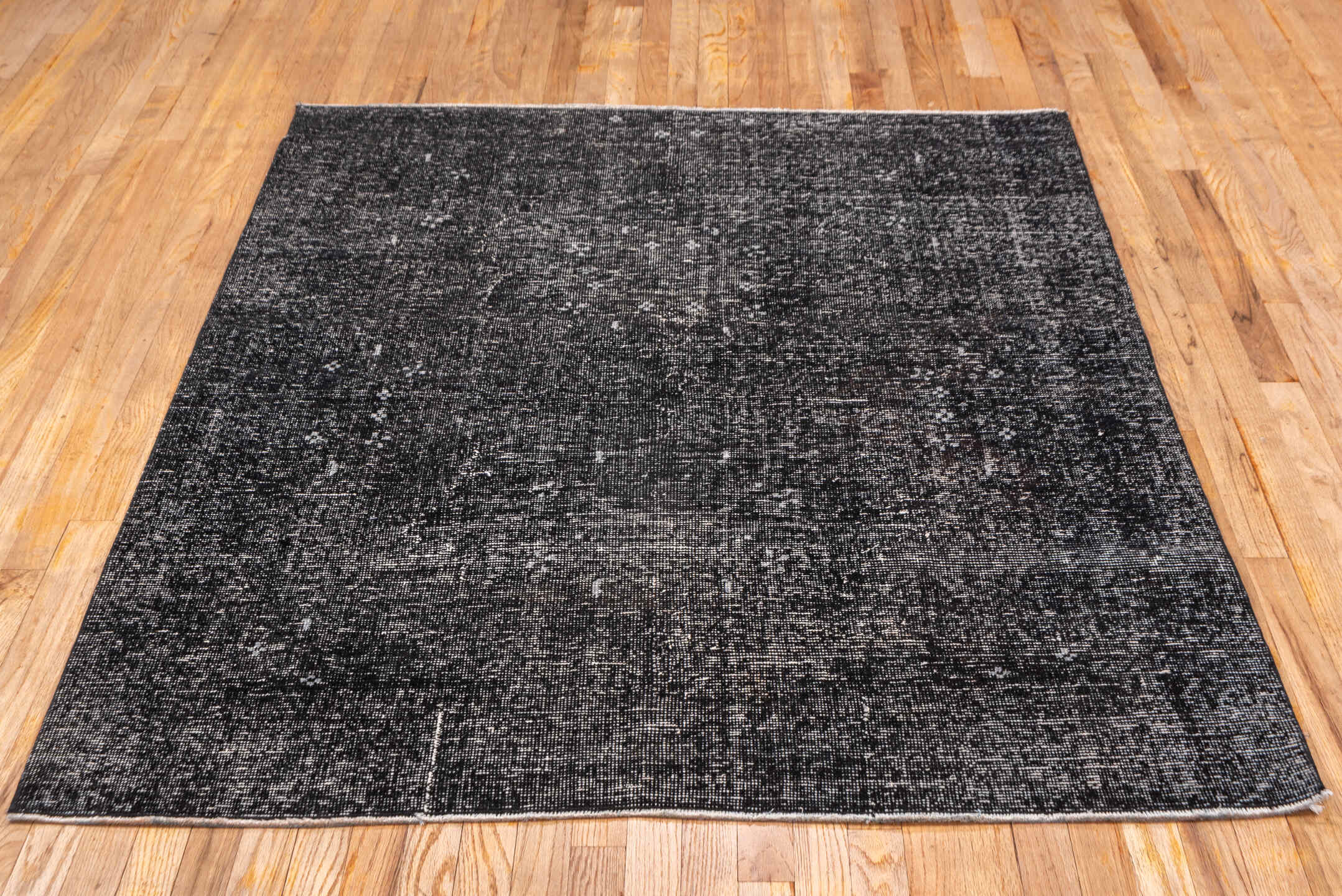 4' x 6' one-of-a-kind handmade vintage Overdyed small size rug. Color palette: black, charcoal, dim gray, gray, light gray