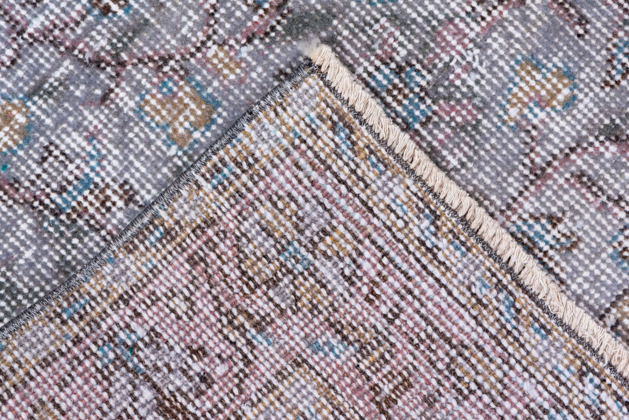 3' x 7' one-of-a-kind handmade vintage Overdyed rug. Color palette: blush, taupe, ivory, dusty rose, beige, pale blue, pink