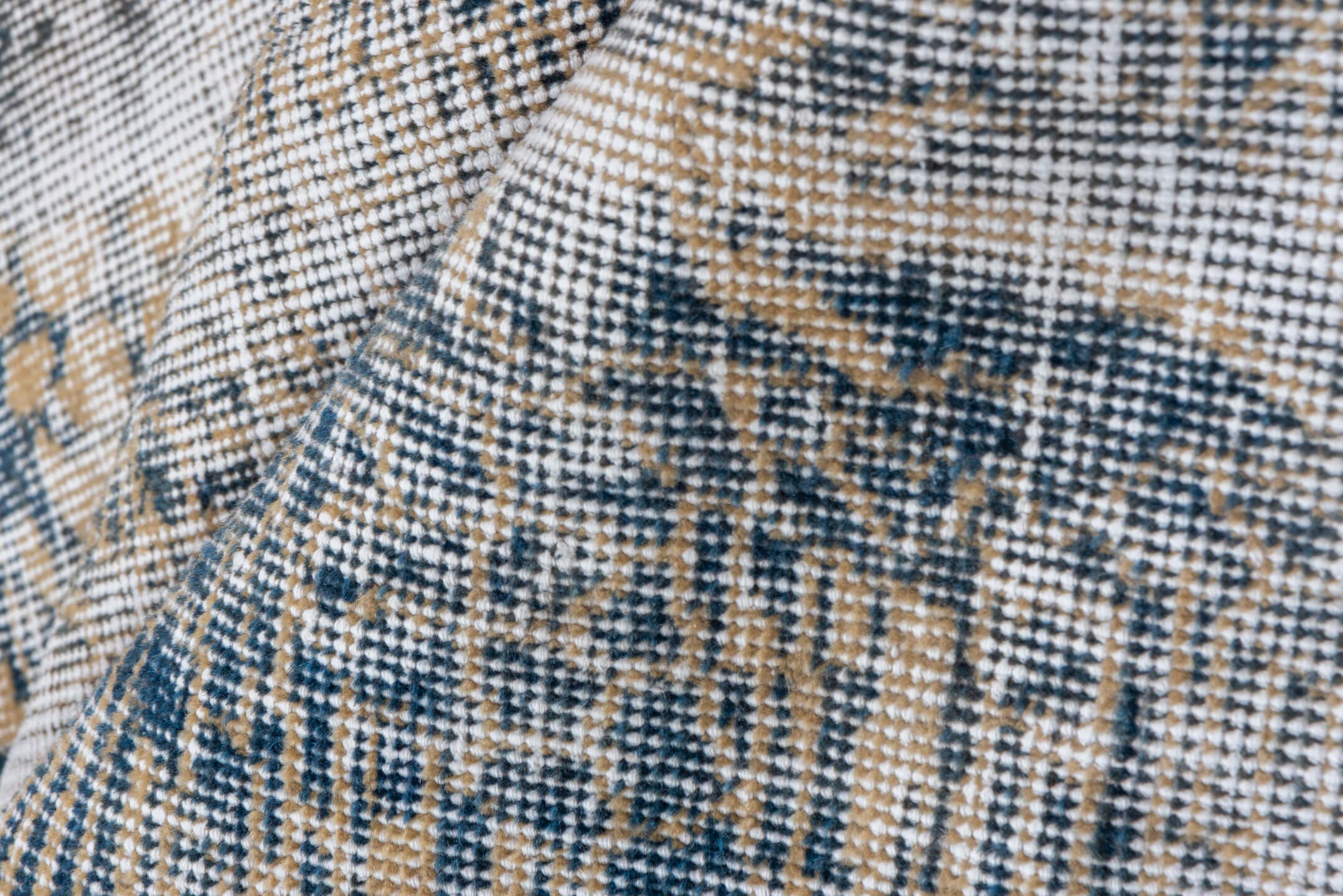 4' x 8' one-of-a-kind handmade vintage Oushak rug. Color palette: ivory, blue, taupe, beige, slate, gray