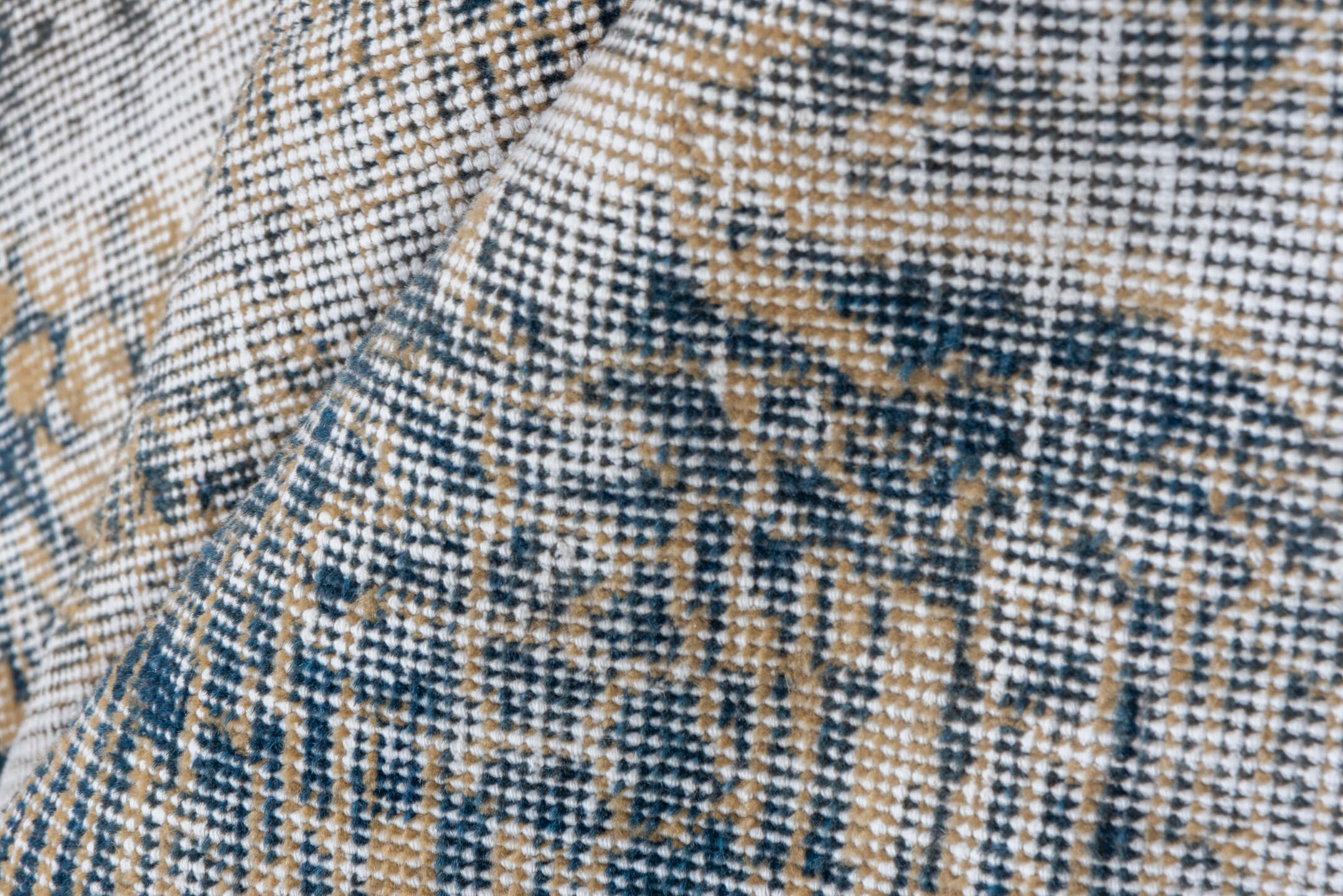 4' x 8' one-of-a-kind handmade vintage Oushak rug. Color palette: ivory, blue, taupe, beige, slate, gray