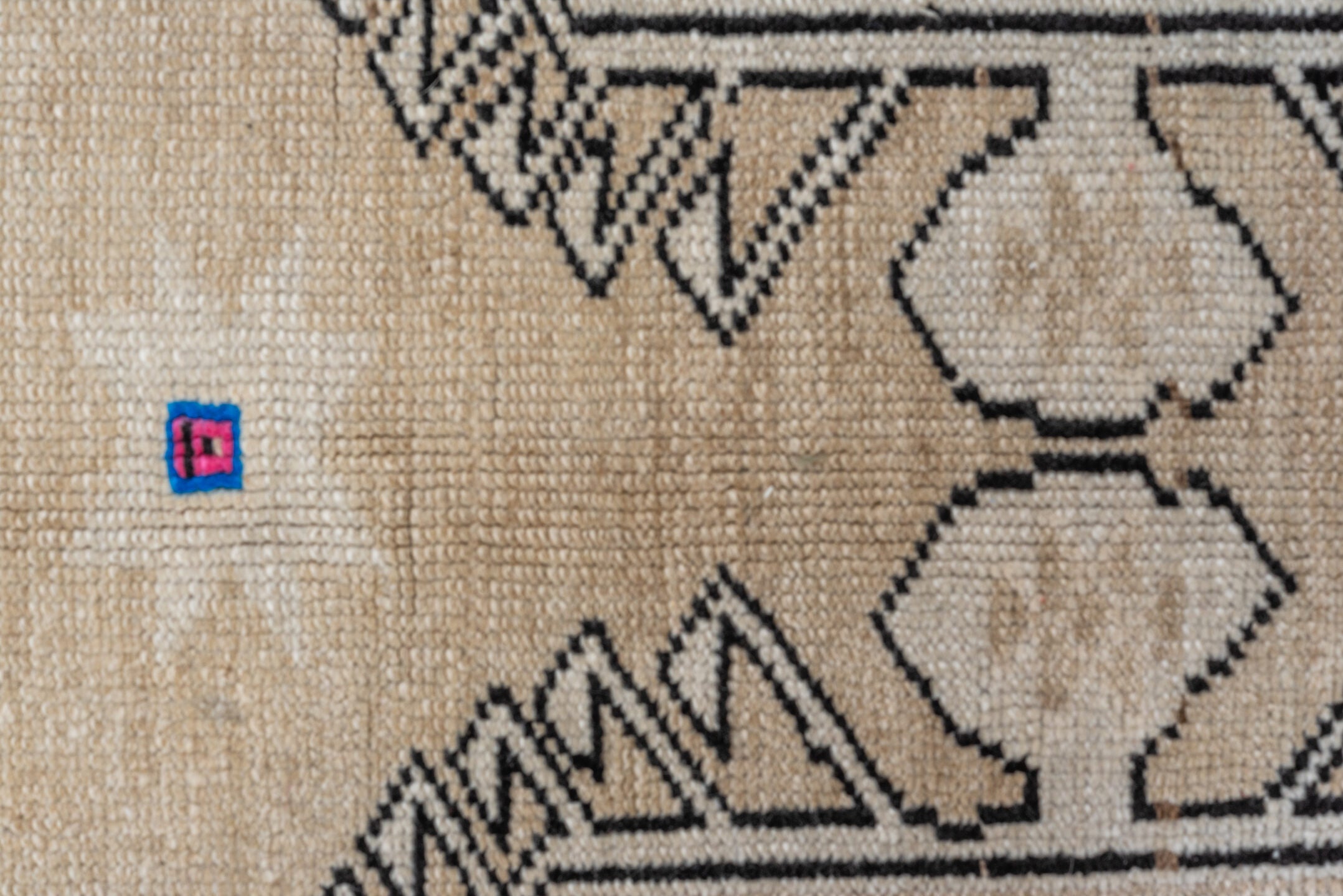 6' x 13' one-of-a-kind handmade vintage Kars large size rug. Color palette: gray, black, light gray, off-white, brown, pink