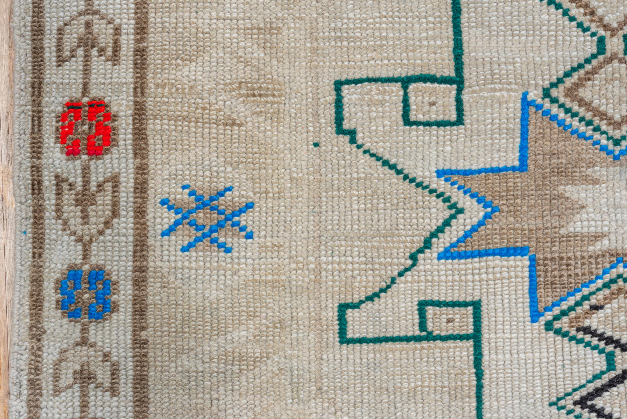 6' x 13' one-of-a-kind handmade vintage Kars large size rug. Color palette: ivory, taupe, cobalt, red, teal, charcoal