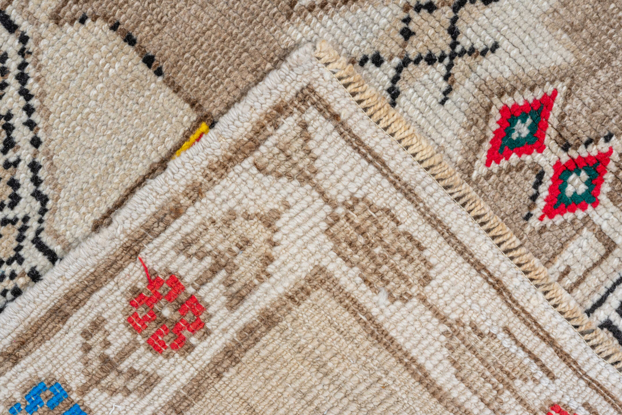 6' x 13' one-of-a-kind handmade vintage Kars large size rug. Color palette: ivory, taupe, cobalt, red, teal, charcoal