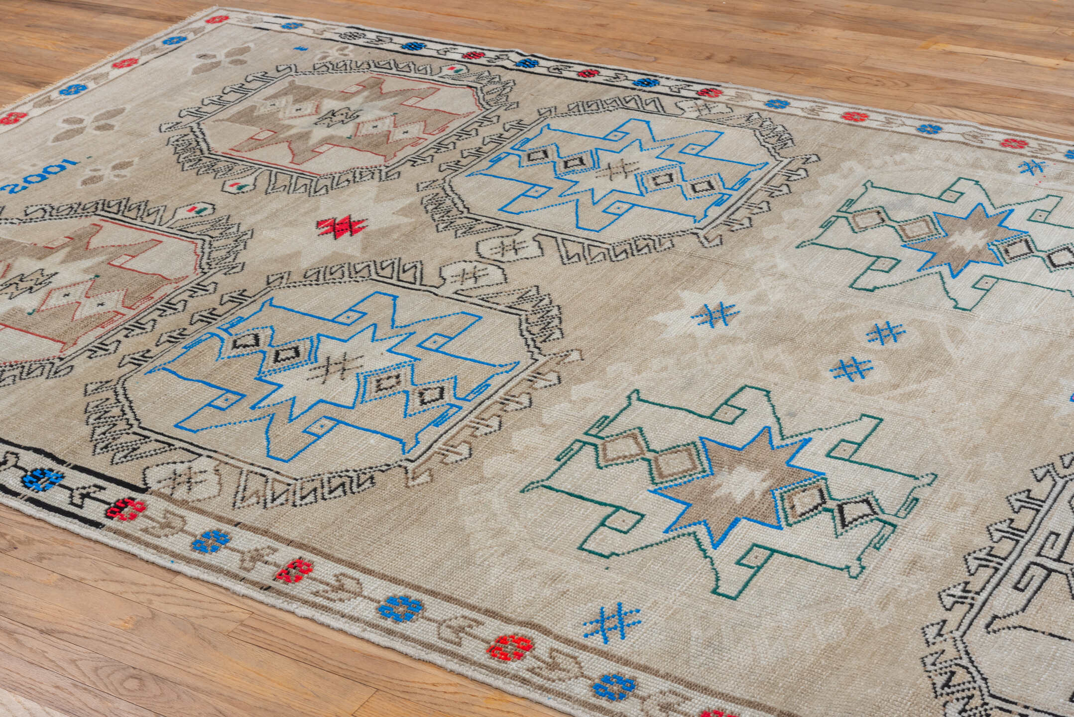 6' x 13' one-of-a-kind handmade vintage Kars large size rug. Color palette: ivory, taupe, cobalt, red, teal, charcoal