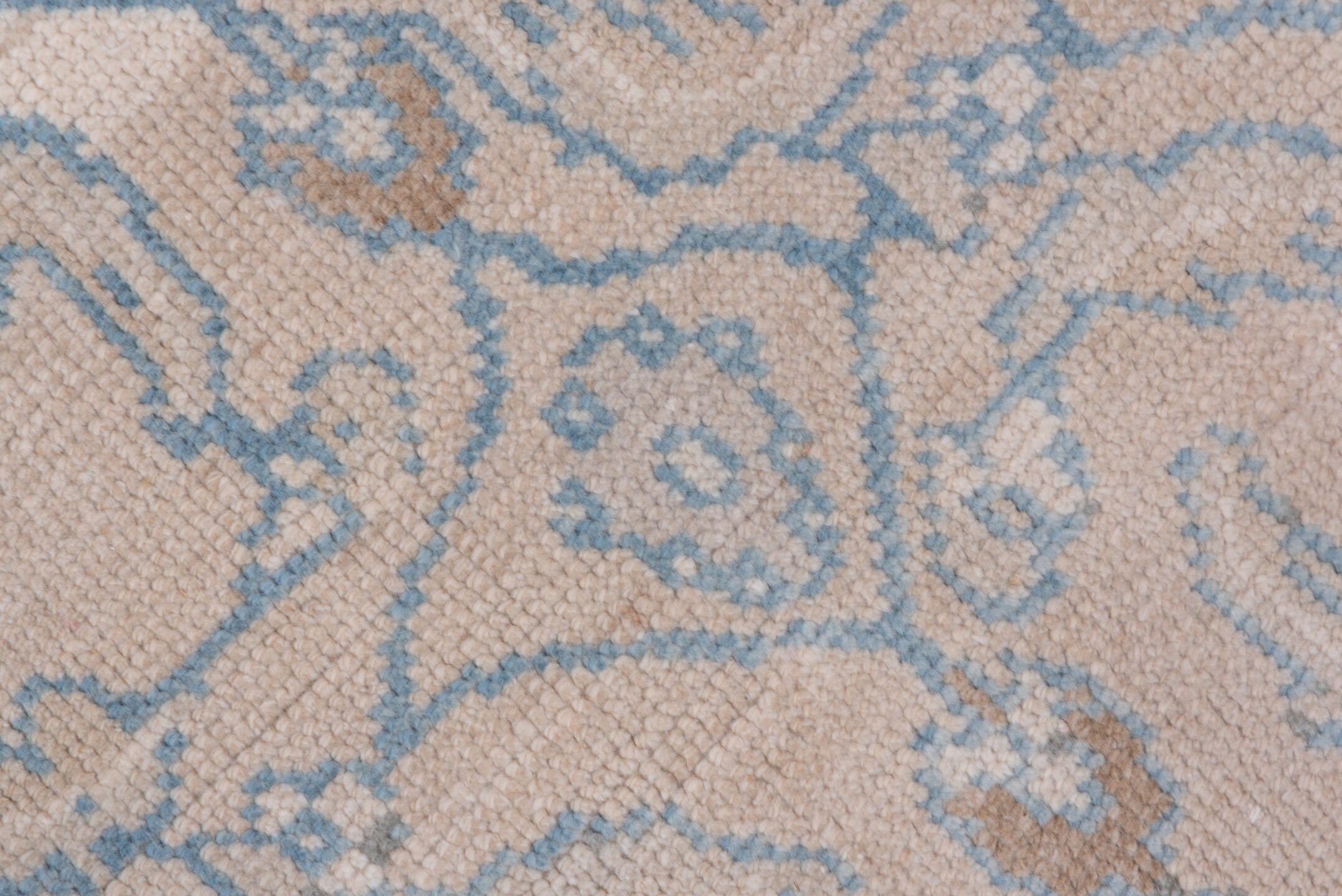 3' x 6' one-of-a-kind handmade vintage Oushak runner rug. Color palette: ivory, pale blue, beige, taupe, camel, light blue