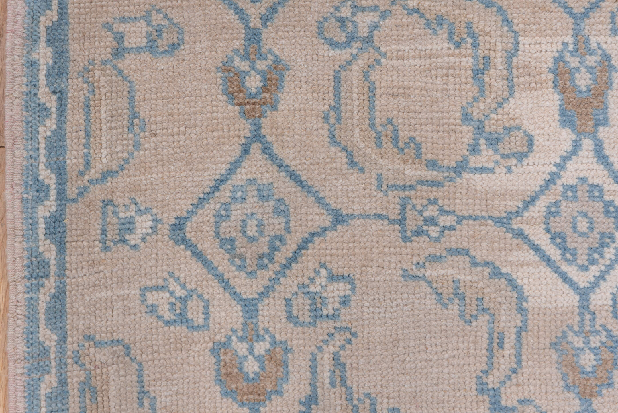 3' x 6' one-of-a-kind handmade vintage Oushak runner rug. Color palette: ivory, pale blue, beige, taupe, camel, light blue