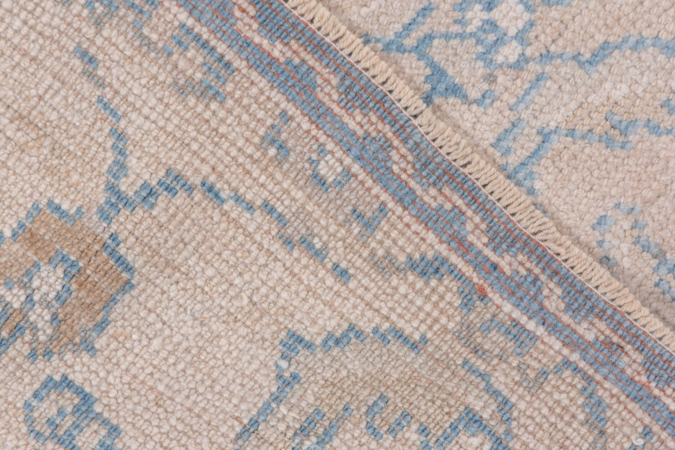3' x 6' one-of-a-kind handmade vintage Oushak runner rug. Color palette: ivory, pale blue, beige, taupe, camel, light blue