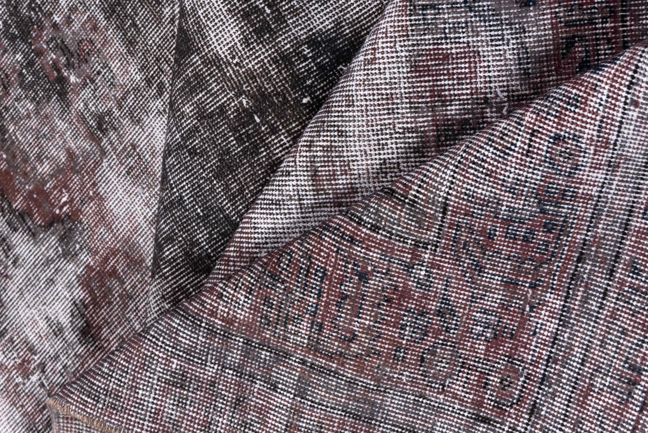 7' x 10' one-of-a-kind handmade vintage Overdyed large size rug. Color palette: taupe, rose, ivory, charcoal, burgundy
