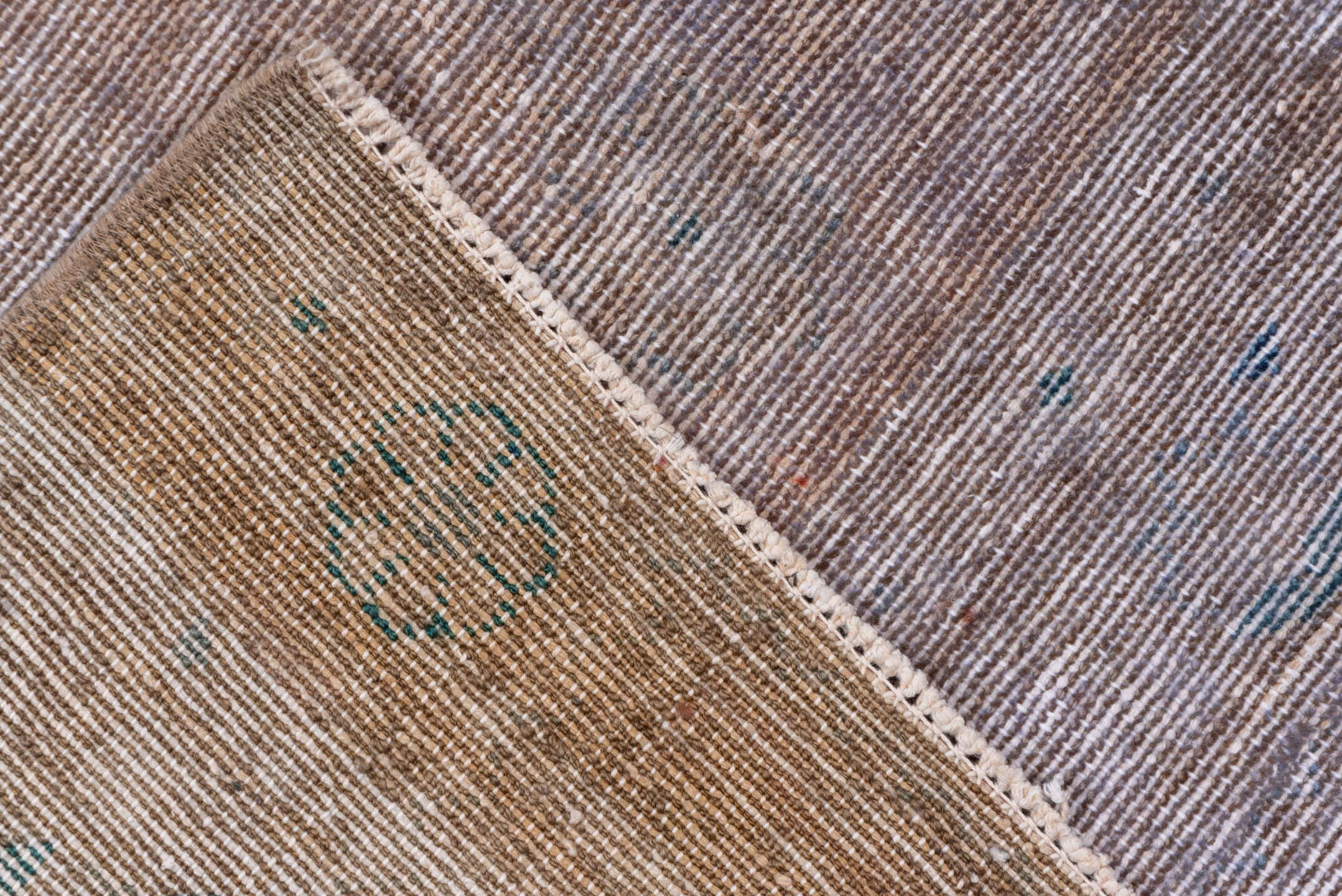 9' x 11' one-of-a-kind handmade vintage Overdyed large size rug. Color palette: blush, beige, powder blue, ivory, taupe