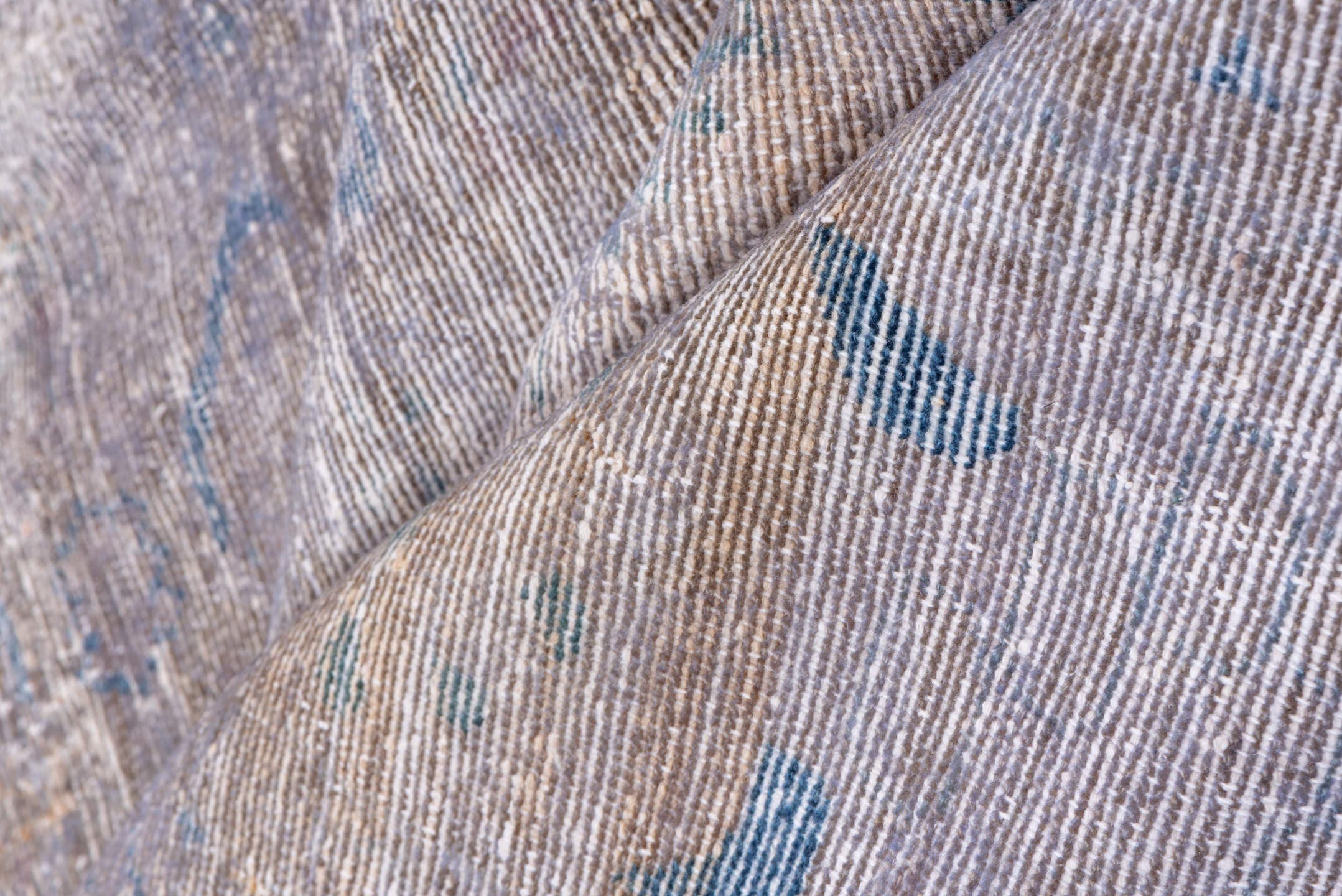 9' x 11' one-of-a-kind handmade vintage Overdyed large size rug. Color palette: blush, beige, powder blue, ivory, taupe