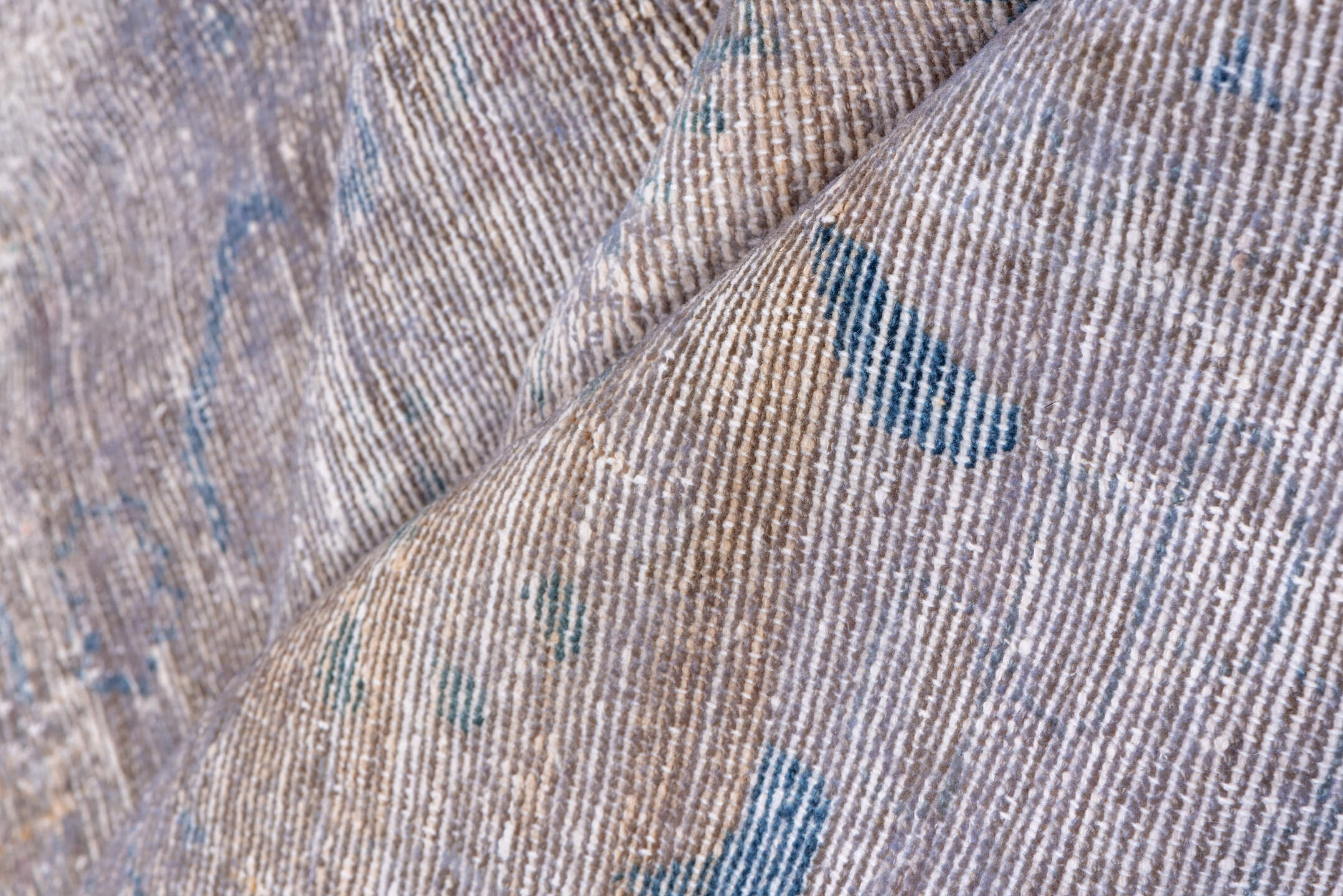 9' x 11' one-of-a-kind handmade vintage Overdyed large size rug. Color palette: blush, beige, powder blue, ivory, taupe