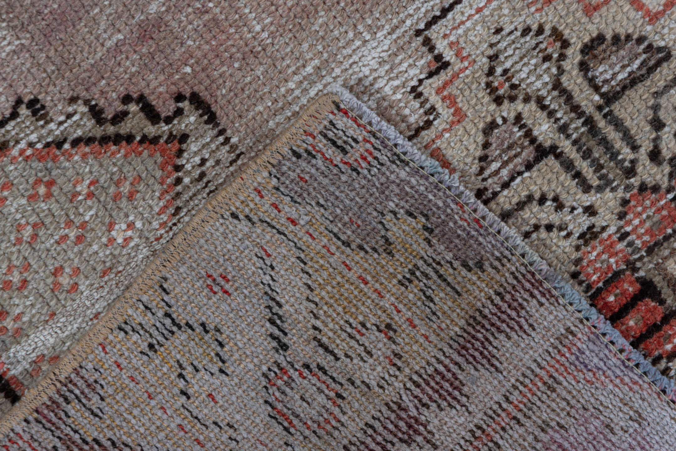 2' x 6' one-of-a-kind handmade vintage Oushak runner rug. Color palette: brown, gray, light gray, pink