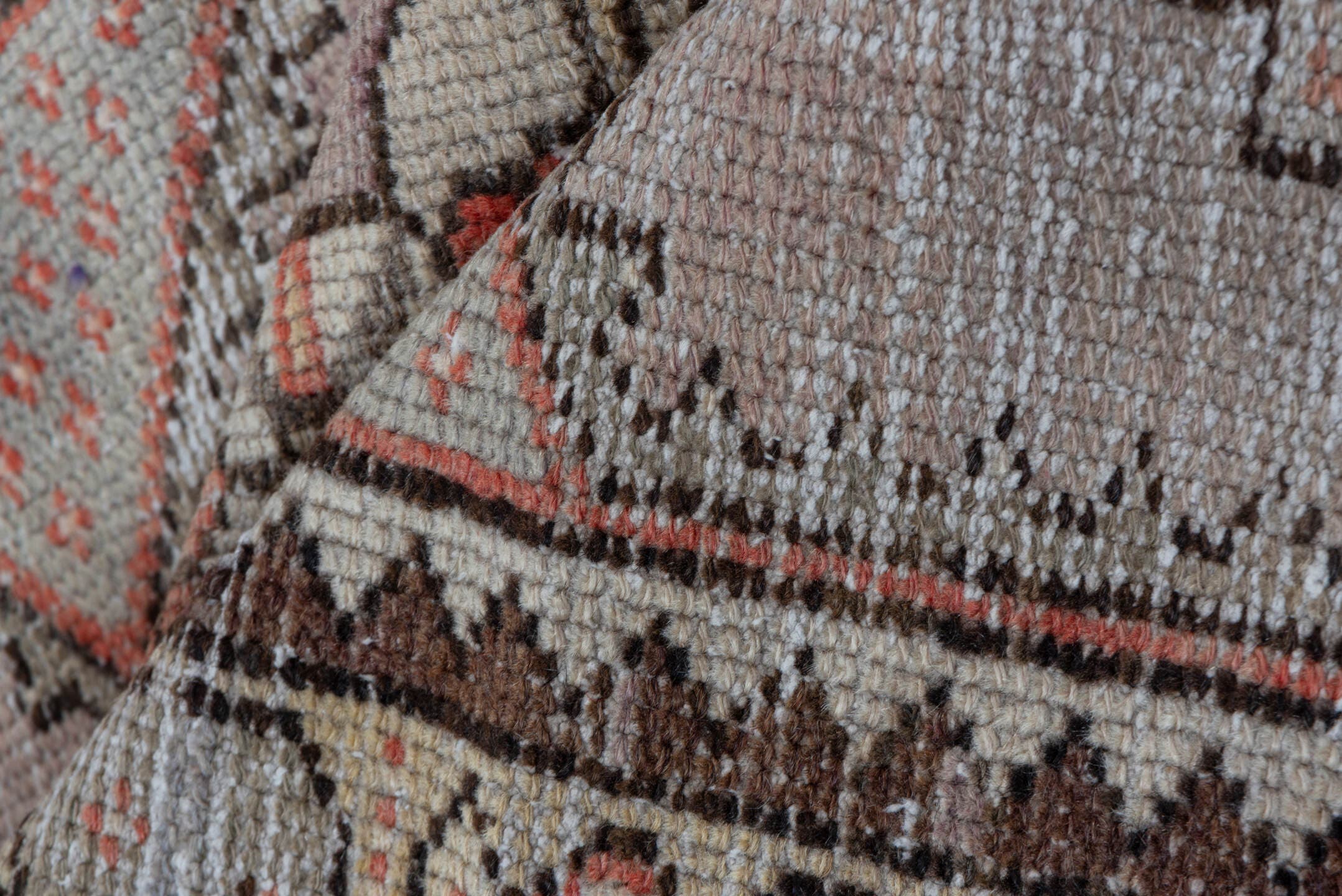2' x 6' one-of-a-kind handmade vintage Oushak runner rug. Color palette: taupe, ivory, rust, brown, gray, rose, beige