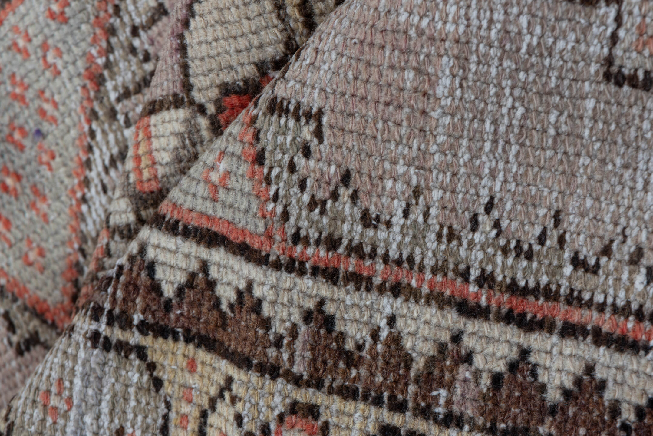 2' x 6' one-of-a-kind handmade vintage Oushak runner rug. Color palette: taupe, ivory, rust, brown, gray, rose, beige
