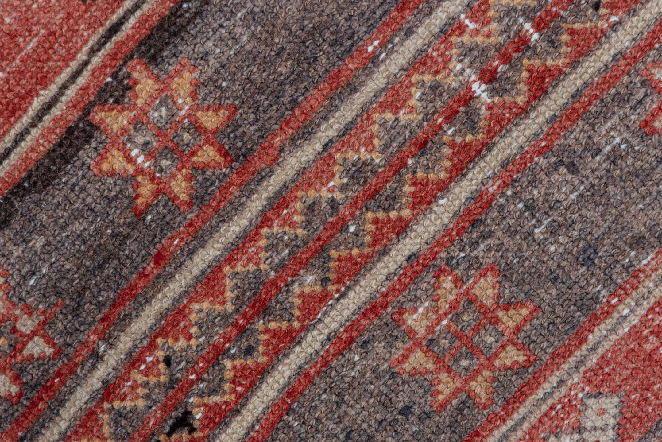 3' x 11' one-of-a-kind handmade vintage Oushak runner rug. Color palette: terra cotta, charcoal, ivory, rose, taupe, brown