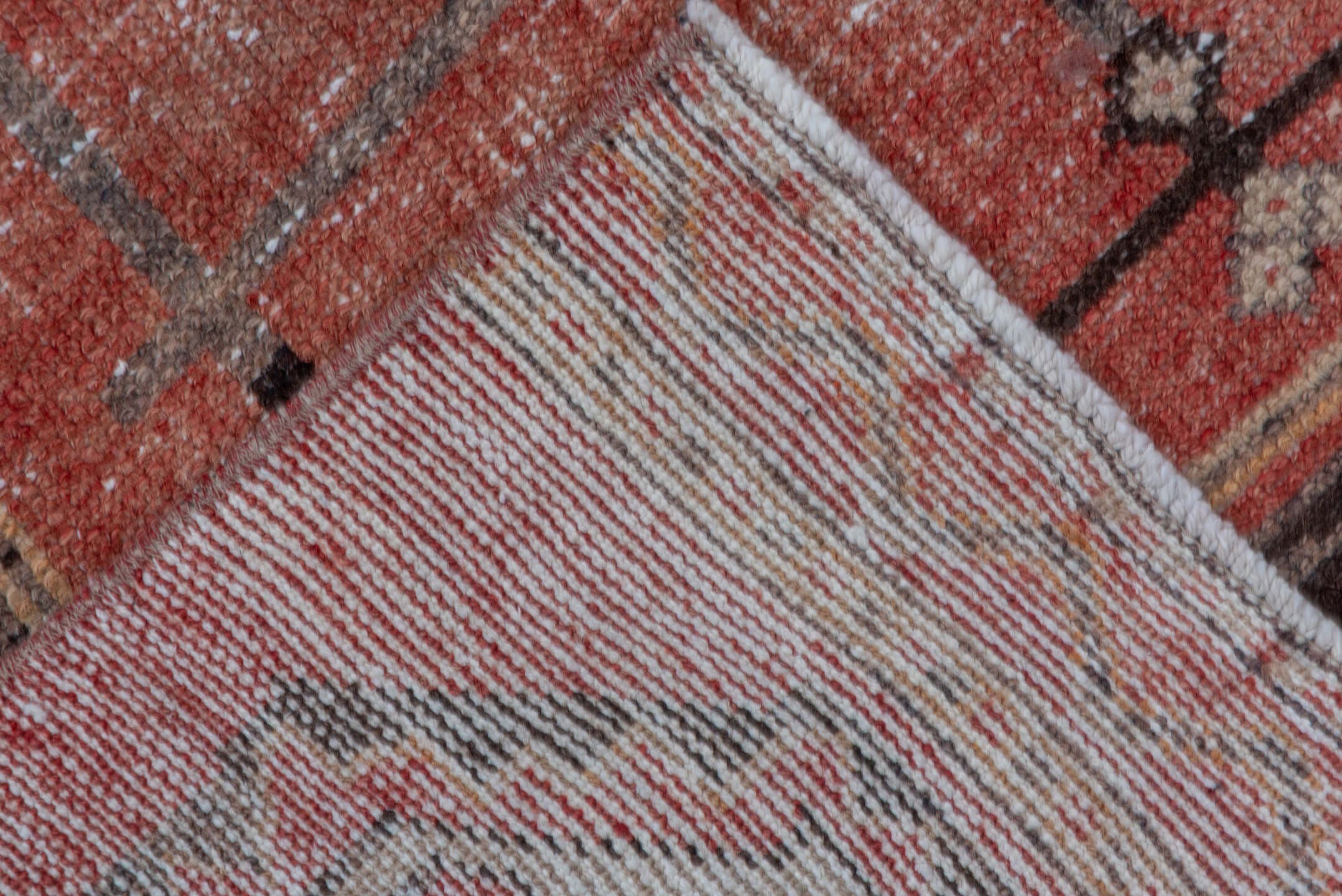 3' x 11' one-of-a-kind handmade vintage Oushak runner rug. Color palette: terra cotta, charcoal, ivory, rose, taupe, brown