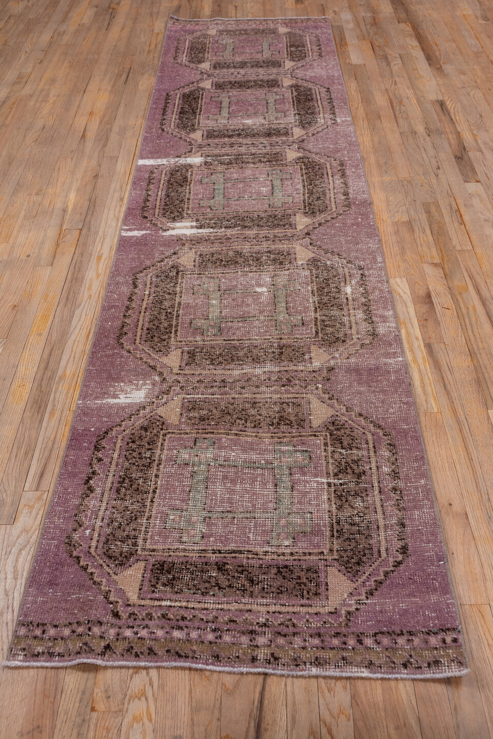 2' x 11' one-of-a-kind handmade vintage Oushak runner rug. Color palette: dusty rose, taupe, brown, mauve, beige, ivory