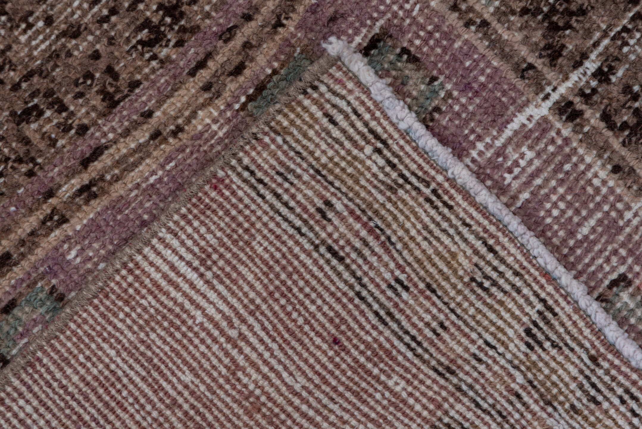 2' x 11' one-of-a-kind handmade vintage Oushak runner rug. Color palette: dusty rose, taupe, brown, mauve, beige, ivory