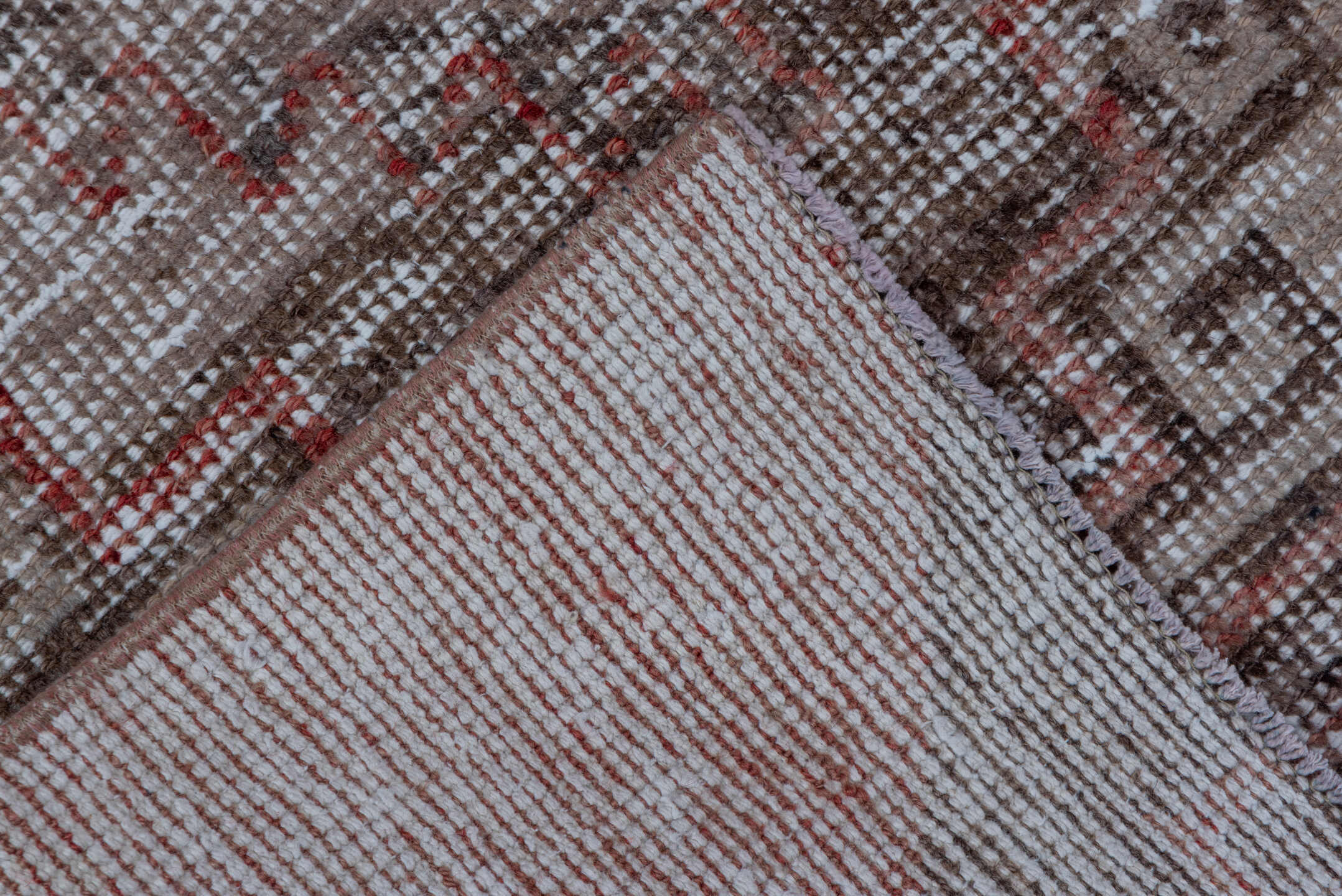 2' x 10' one-of-a-kind handmade vintage Oushak runner rug. Color palette: brown, gray, light gray, off-white, pink, red