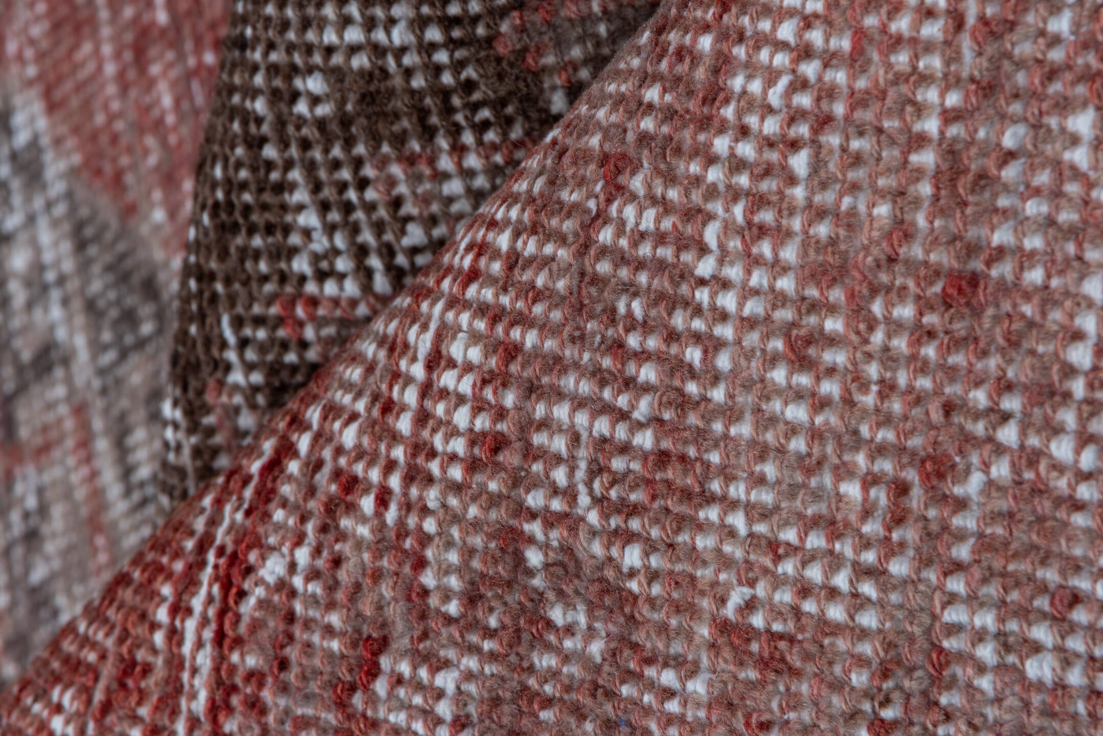 2' x 10' one-of-a-kind handmade vintage Oushak runner rug. Color palette: brown, gray, light gray, off-white, pink, red