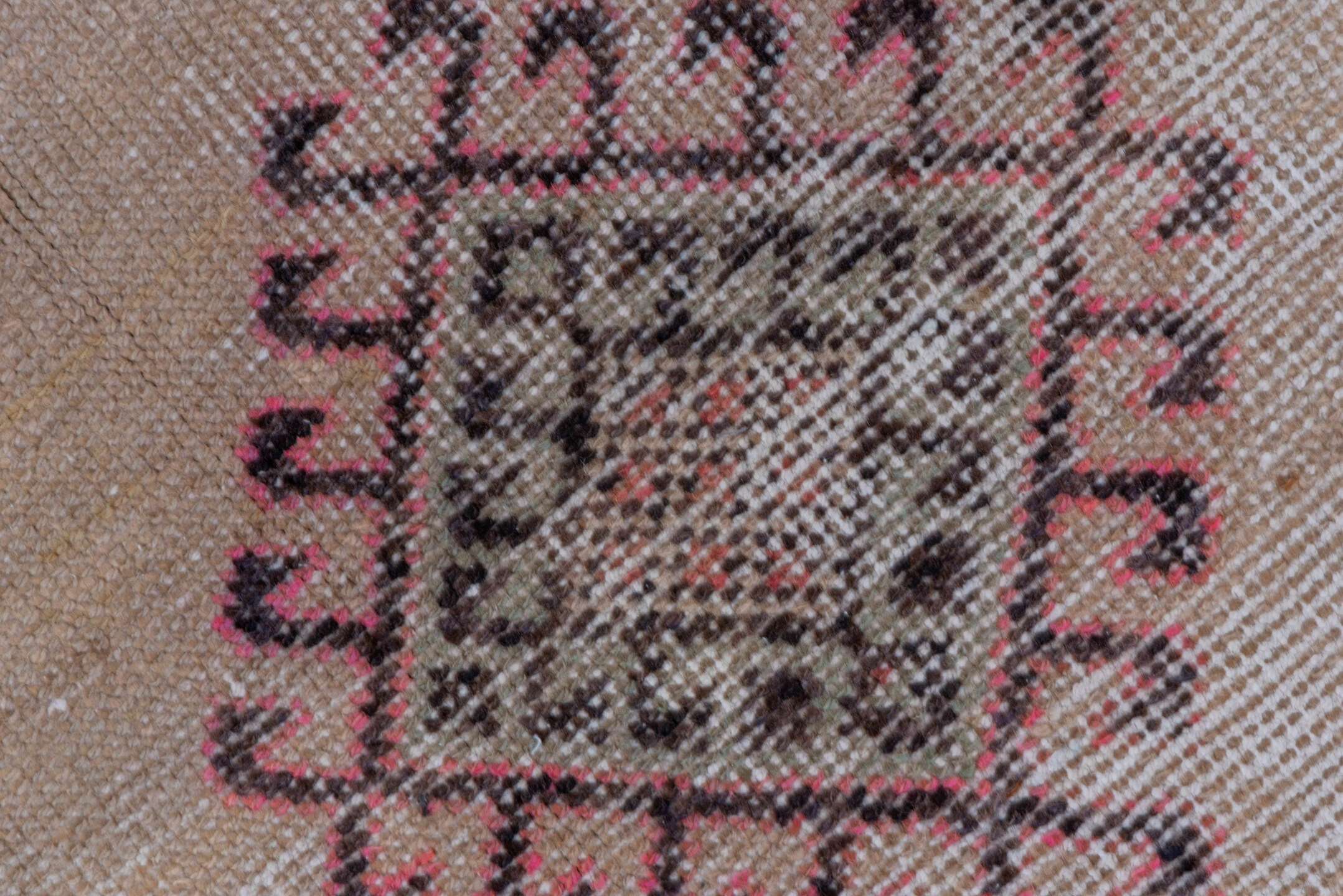 2' x 9' one-of-a-kind handmade vintage Oushak runner rug. Color palette: terra cotta, ivory, charcoal, rose, taupe, burgundy