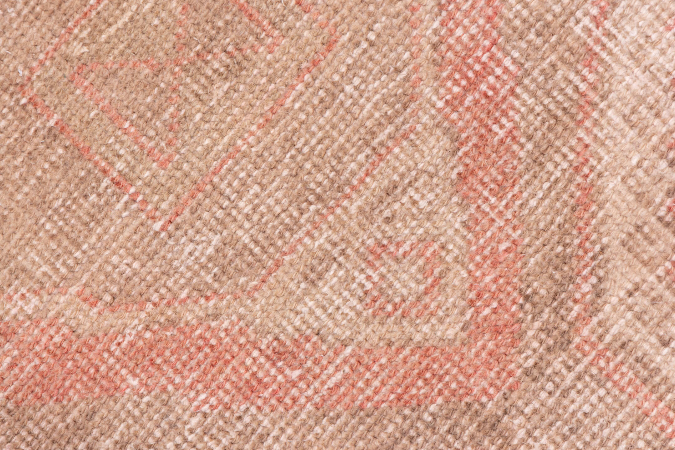 3' x 11' one-of-a-kind handmade vintage Oushak runner rug. Color palette: brown, off-white, orange, pink, snow, white
