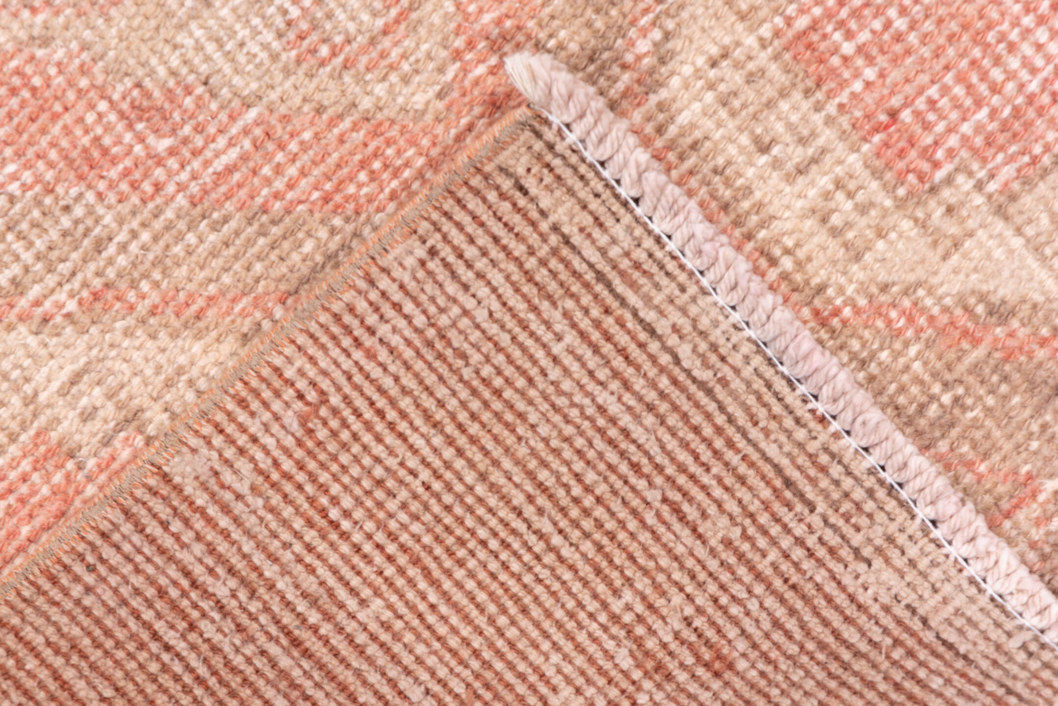 3' x 11' one-of-a-kind handmade vintage Oushak runner rug. Color palette: brown, off-white, orange, pink, snow, white