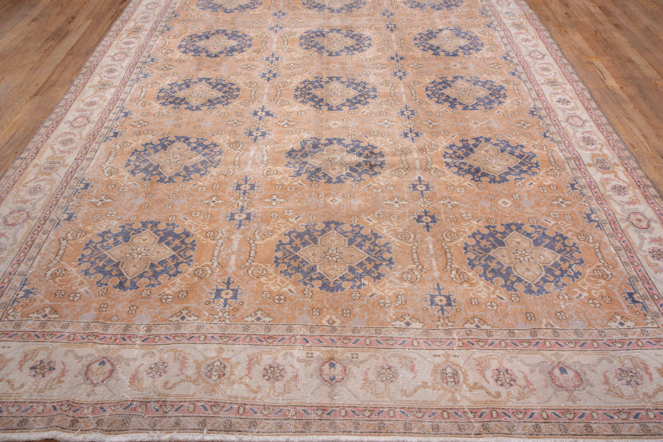 8' x 12' one-of-a-kind handmade vintage Oushak large size rug. Color palette: peach, ivory, slate blue, blush, taupe, camel