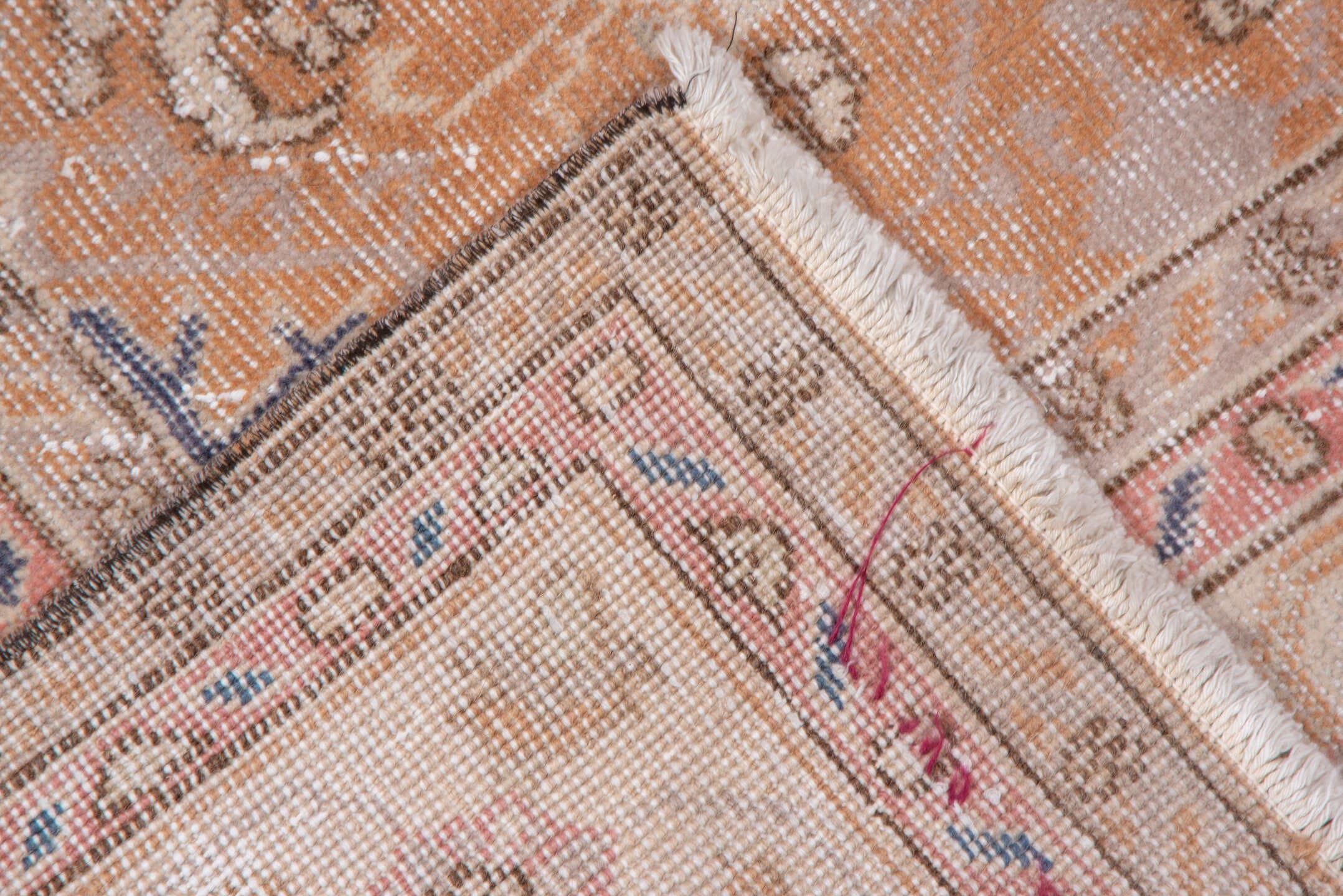8' x 12' one-of-a-kind handmade vintage Oushak large size rug. Color palette: peach, ivory, slate blue, blush, taupe, camel
